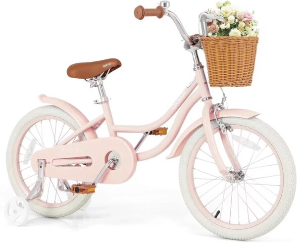 OLAKIDS Kids Bike, 14 16 18 Inch Toddlers Bike with Removable Training Wheels and Rattan Basket, Safety Bell, Adjustable Seat and Handlebar, Children's Bicycle for Girls Boys Age 3