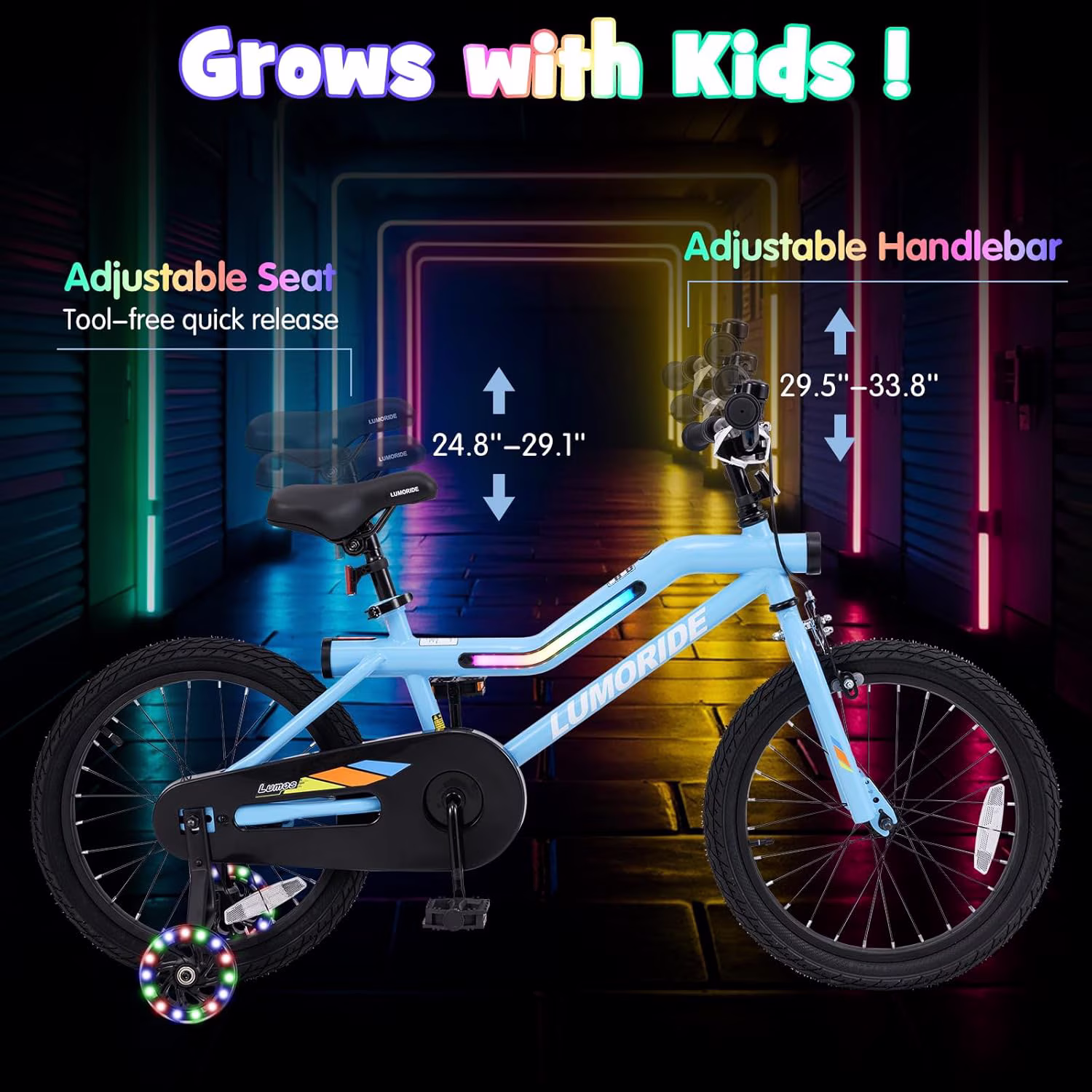OLAKIDS Kids Bike, 16 18 Inch Toddlers Bike with Training Wheels Flash LED Light Frame 7 Lighting Modes, Children Bicycle with Adjustable Seat Handlebar Kickstand for Girls Boys - Image 4