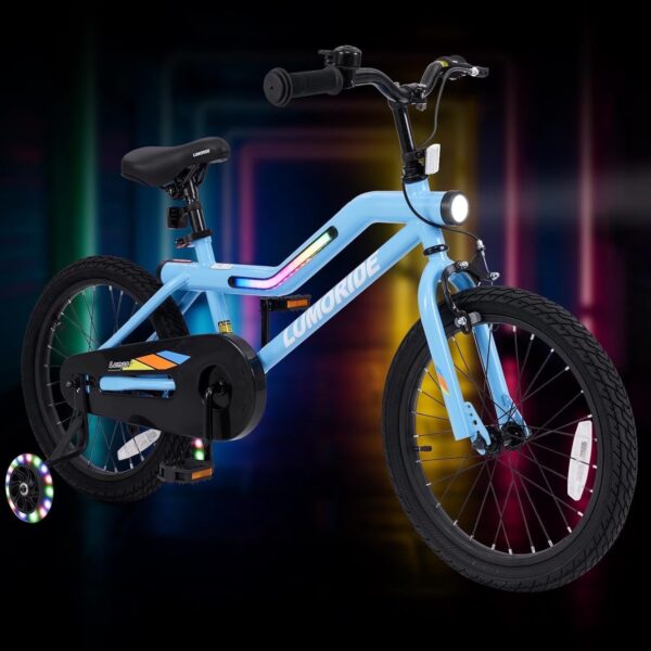 OLAKIDS Kids Bike, 16 18 Inch Toddlers Bike with Training Wheels Flash LED Light Frame 7 Lighting Modes, Children Bicycle with Adjustable Seat Handlebar Kickstand for Girls Boys
