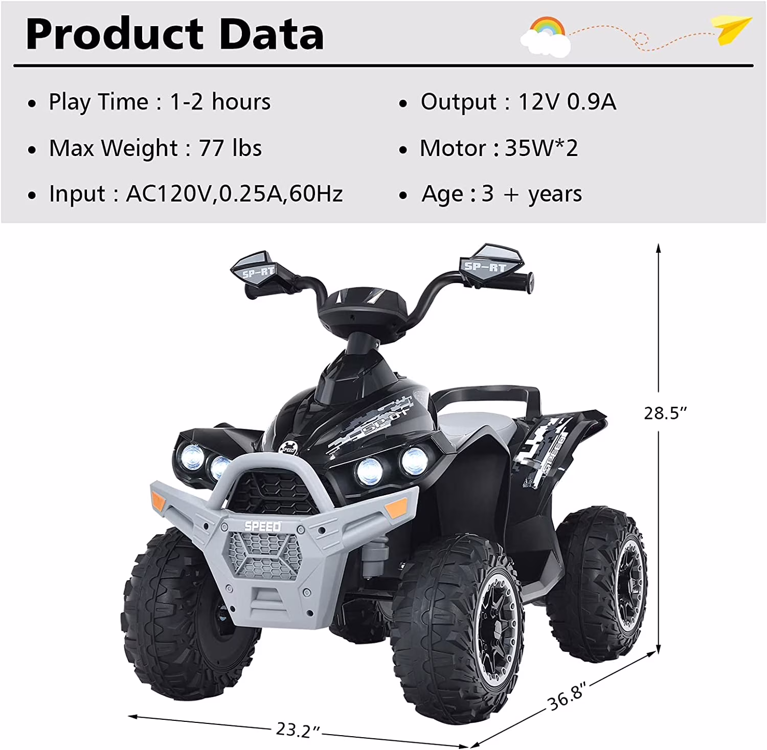 OLAKIDS Kids Ride on ATV, 12V 4 Wheeler Quad Toy Vehicle with Music, Horn, High Low Speeds, LED Lights, Electric Ride On Toy, Battery Powered Wheels Car for Children Over 3 Years Old (Black) - Image 2