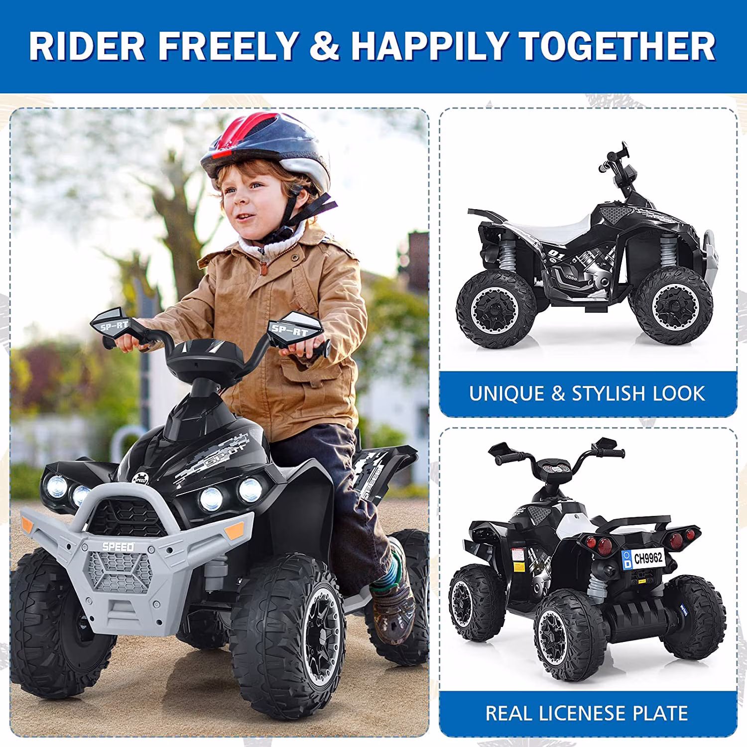 OLAKIDS Kids Ride on ATV, 12V 4 Wheeler Quad Toy Vehicle with Music, Horn, High Low Speeds, LED Lights, Electric Ride On Toy, Battery Powered Wheels Car for Children Over 3 Years Old (Black) - Image 4