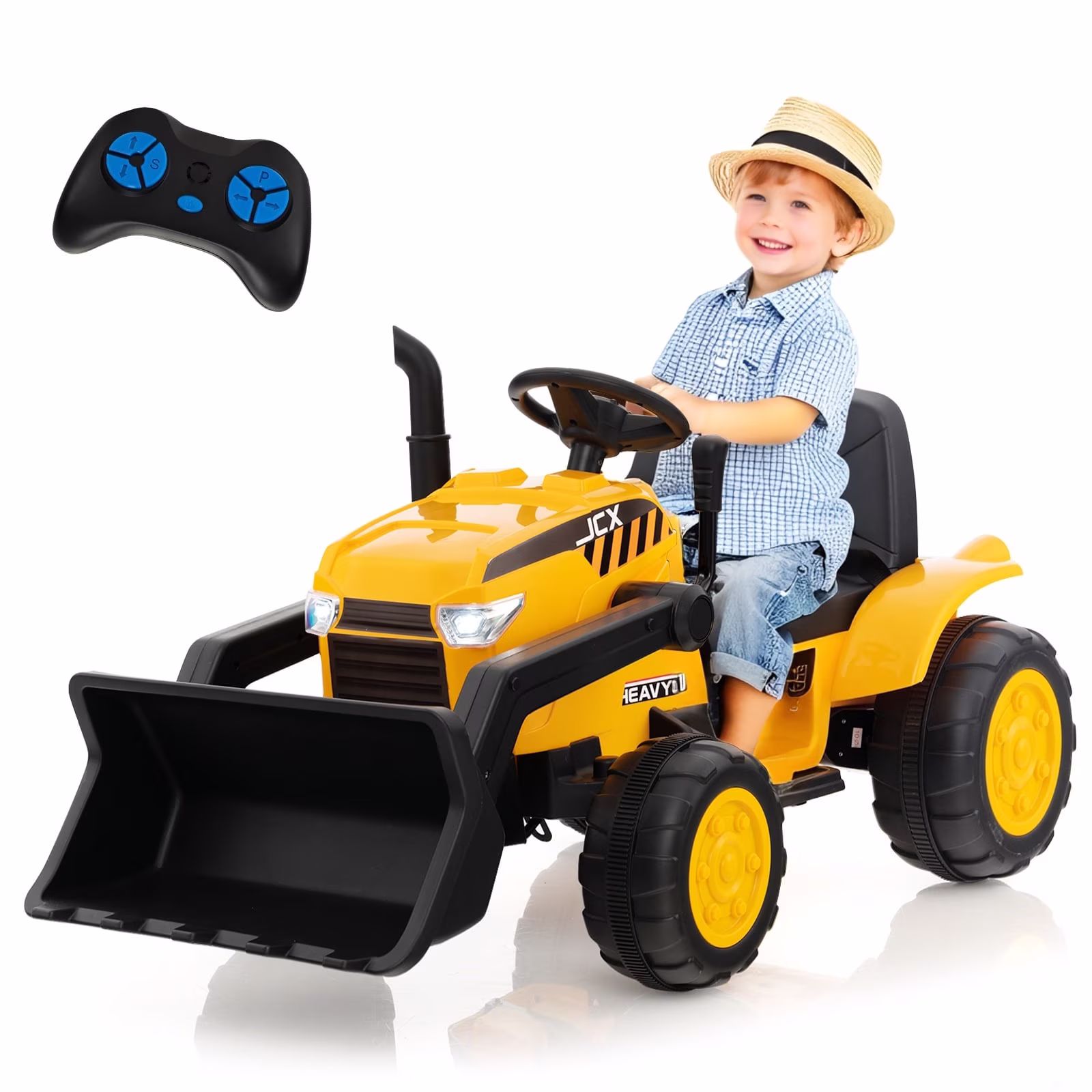 OLAKIDS Kids Ride on Car, 12V Electric Excavator Vehicle Construction Truck with Remote Control, Adjustable Bucket, Toddlers Battery Powered Bulldozer Tractor with Music, Bluetooth, USB, MP3