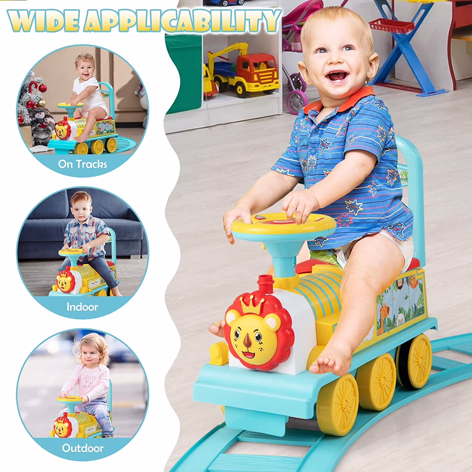 OLAKIDS Kids Ride On Train with Track, 6V Electric Toy with Lights and Sounds, Retractable Footrest, Under Seat Storage, Christmas Theme Battery Powered Gift for Toddlers Boys Girls (Lion) - Image 5
