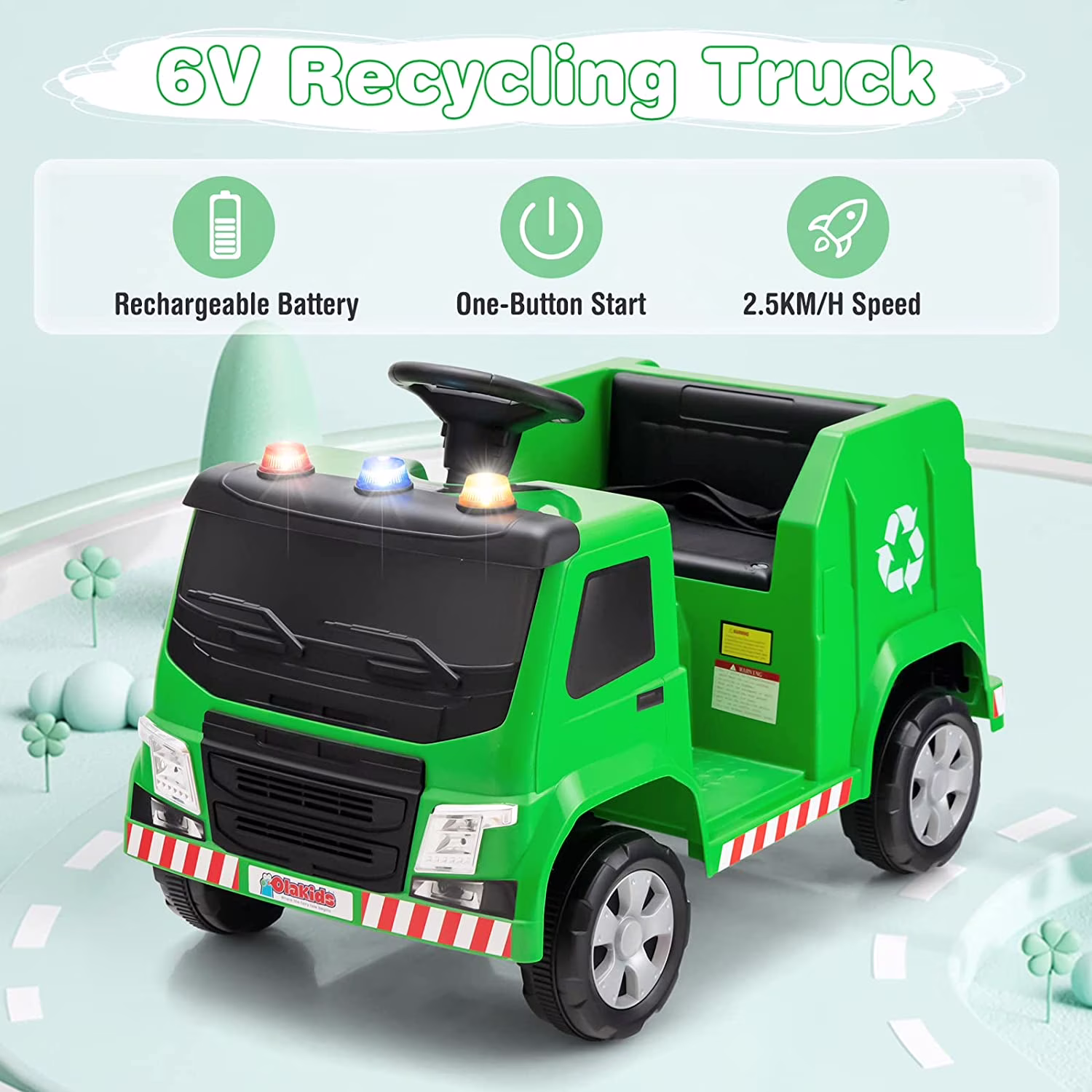 OLAKIDS Ride on Car, 6V Recycling Garbage Truck Electric Vehicle with Music, Horn, Warning Lights, Recycling Accessories Included, Toddlers Battery Powered Trash Toy for Boys Girls (Green) - Image 3
