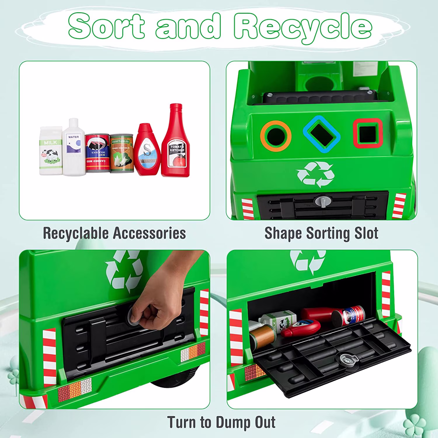 OLAKIDS Ride on Car, 6V Recycling Garbage Truck Electric Vehicle with Music, Horn, Warning Lights, Recycling Accessories Included, Toddlers Battery Powered Trash Toy for Boys Girls (Green) - Image 2