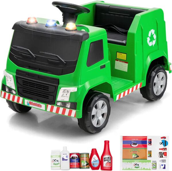OLAKIDS Ride on Car, 6V Recycling Garbage Truck Electric Vehicle with Music, Horn, Warning Lights, Recycling Accessories Included, Toddlers Battery Powered Trash Toy for Boys Girls (Green)
