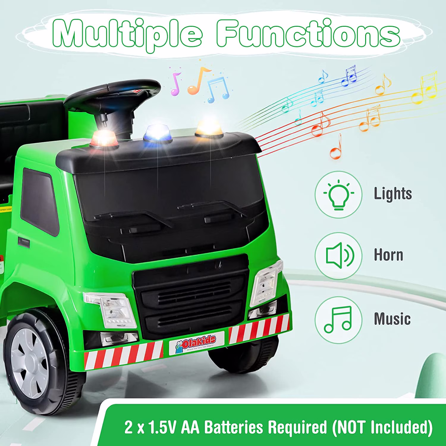 OLAKIDS Ride on Car, 6V Recycling Garbage Truck Electric Vehicle with Music, Horn, Warning Lights, Recycling Accessories Included, Toddlers Battery Powered Trash Toy for Boys Girls (Green) - Image 4