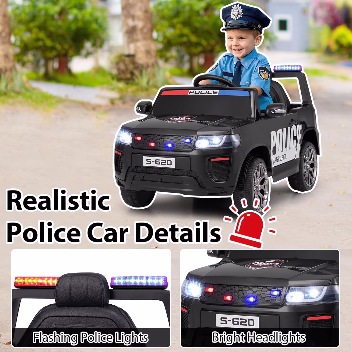 OLAKIDS Ride on Police Car, 12V Kids Battery Powered Electric Vehicle with Siren, Flashing Lights, Bluetooth, Music, MP3, USB, Power Display, Spring Suspension, Aged 3-8 Years - Image 4