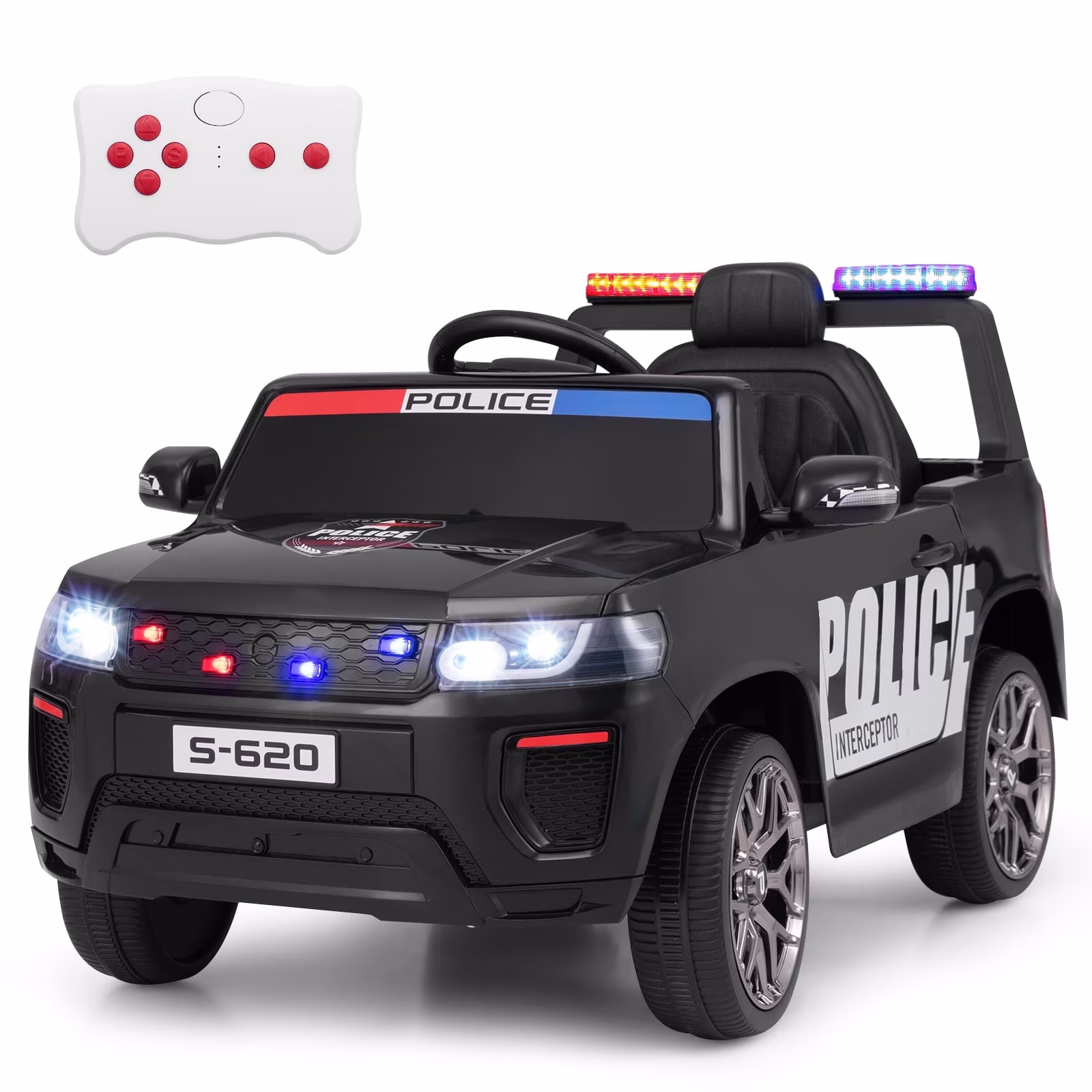 OLAKIDS Ride on Police Car, 12V Kids Battery Powered Electric Vehicle with Siren, Flashing Lights, Bluetooth, Music, MP3, USB, Power Display, Spring Suspension, Aged 3-8 Years