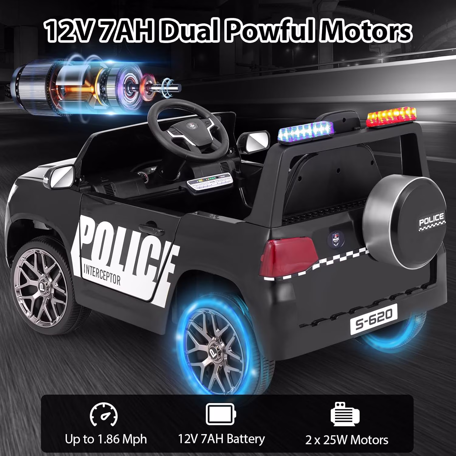 OLAKIDS Ride on Police Car, 12V Kids Battery Powered Electric Vehicle with Siren, Flashing Lights, Bluetooth, Music, MP3, USB, Power Display, Spring Suspension, Aged 3-8 Years - Image 5