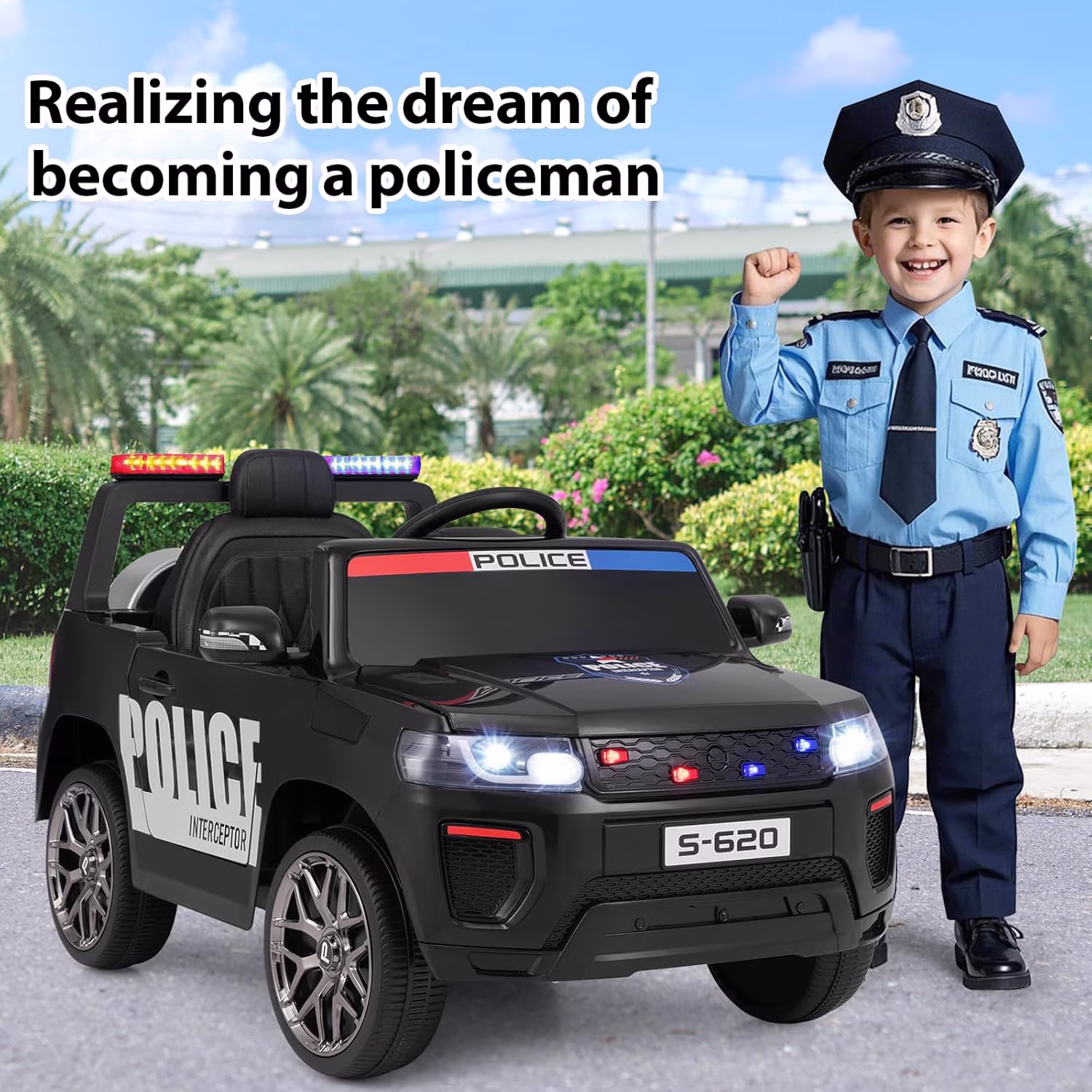 OLAKIDS Ride on Police Car, 12V Kids Battery Powered Electric Vehicle with Siren, Flashing Lights, Bluetooth, Music, MP3, USB, Power Display, Spring Suspension, Aged 3-8 Years - Image 3