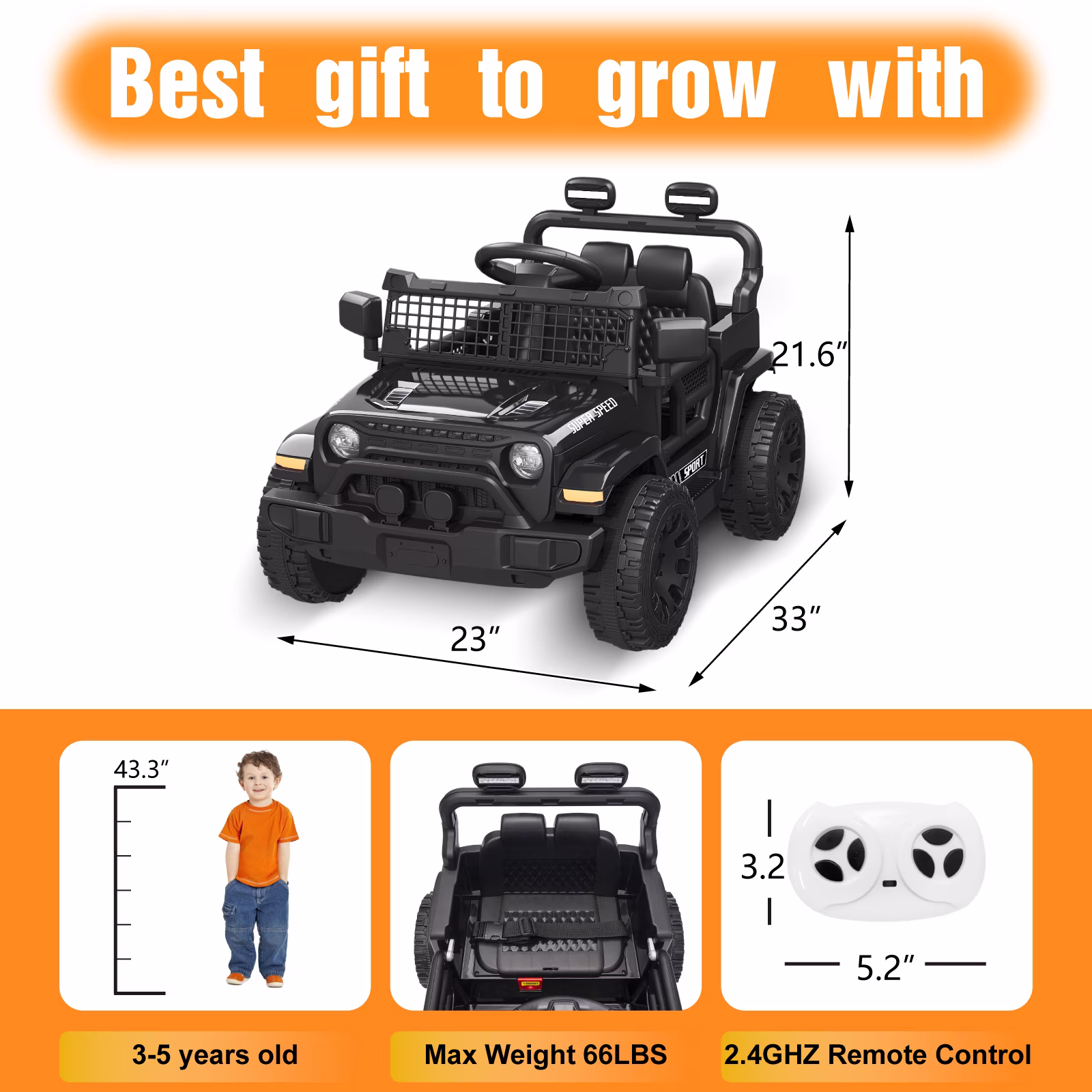 OROFULL 12V Electric Ride On Car, Kids Ride On Truck Toy with Remote Control, Double Doors and Music for Toddlers, Boys and Girls,Black - Image 3