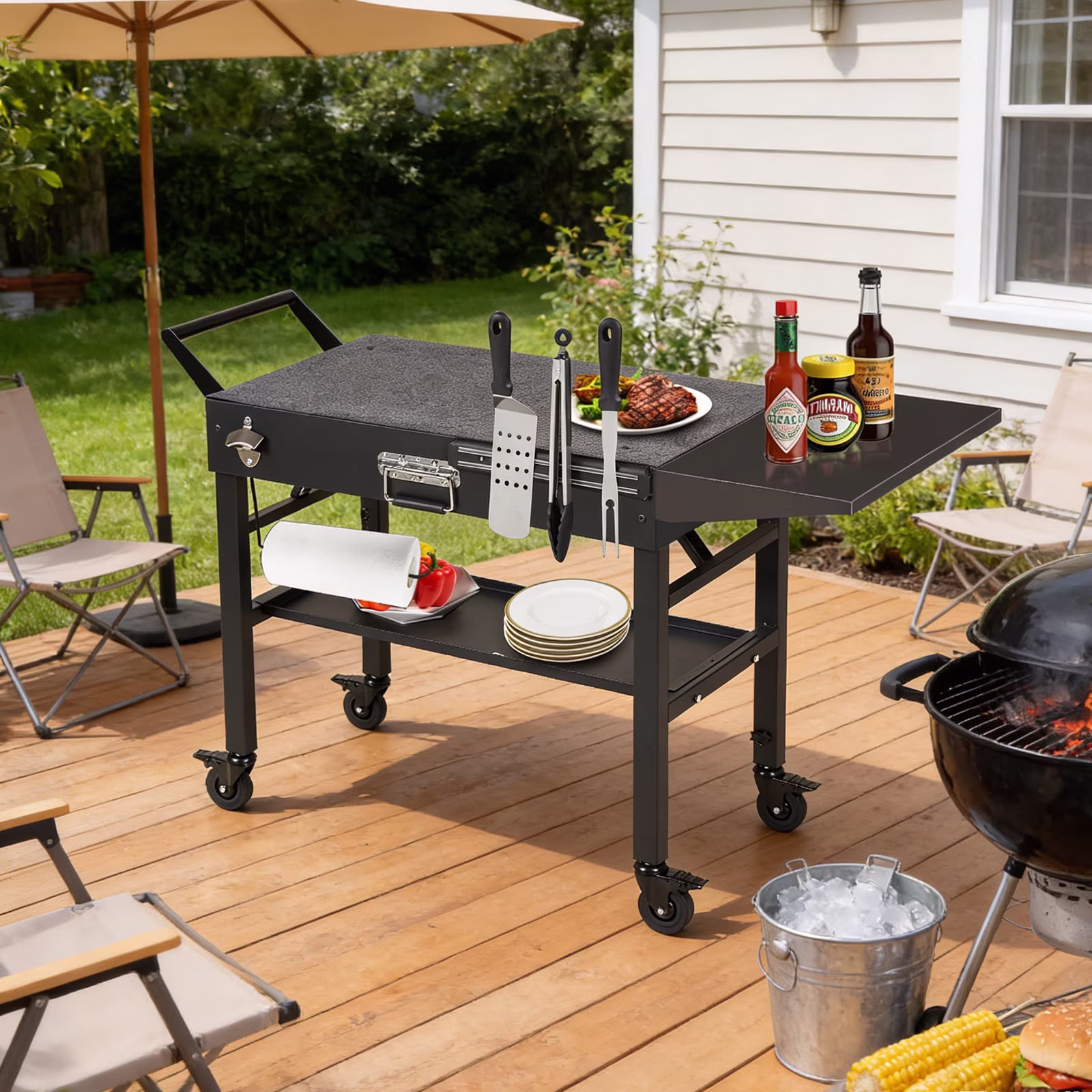 Outdoor Foldable Portable Heavy-Duty Grill Table with Caddy for 17 22 Blackstone Ninja Tabletop Grill