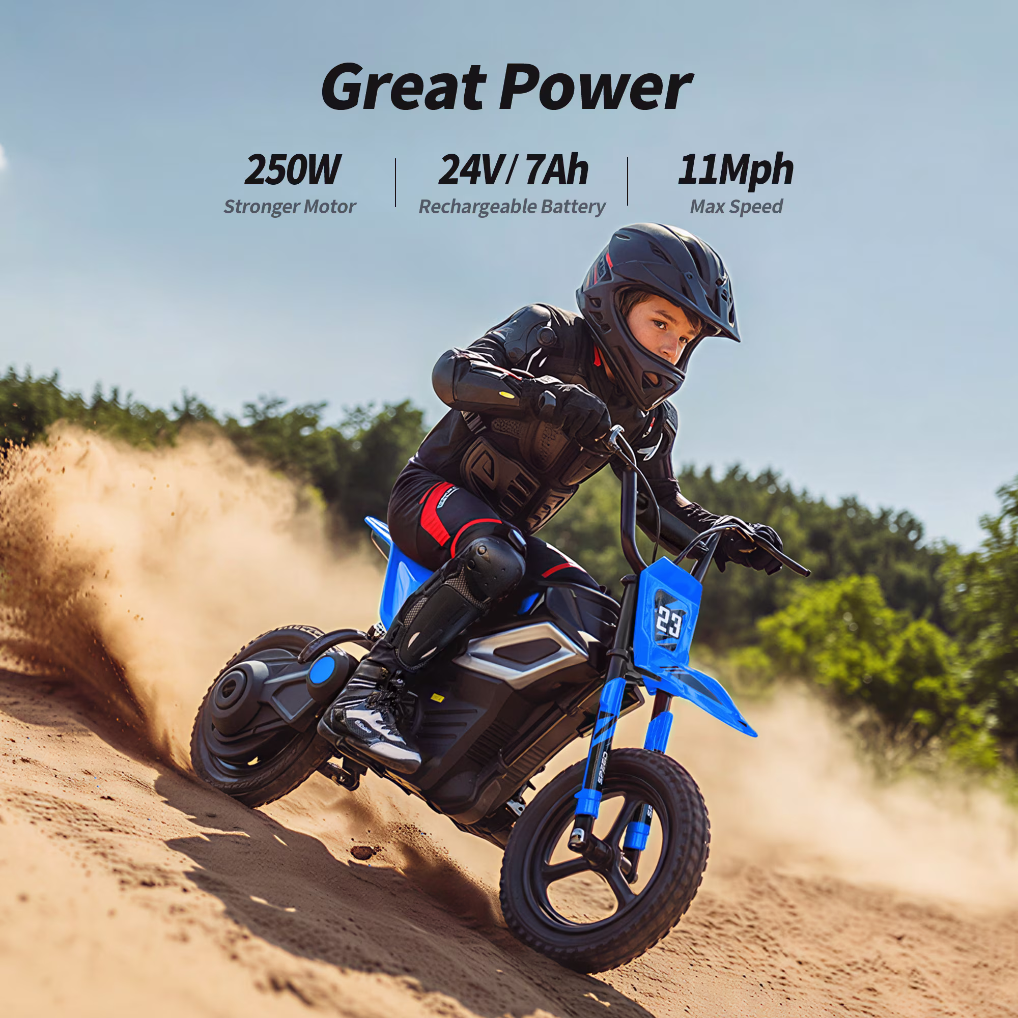 Outfunny 24V Kids Ride on Toys, 250W Electric Dirt Bike for Kids 6-12 w/Rear Suspension and Bluetooth,Blue - Image 3