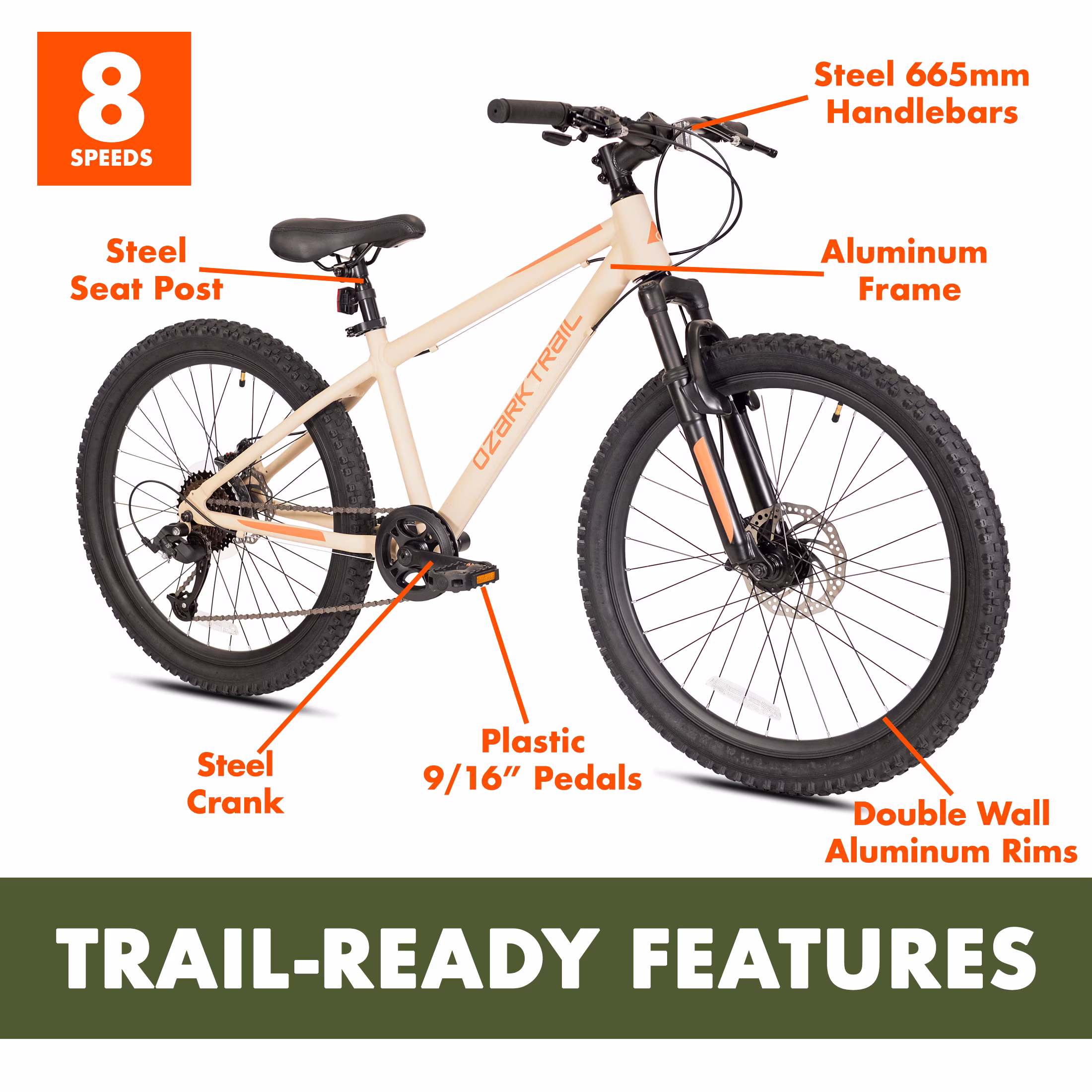 Ozark Trail M.1 24 in Mountain Bicycle, 8-Speed, Vanilla, Fits Riders 4 ft 6 in-5 ft 6 in, Teen, Unisex - Image 2