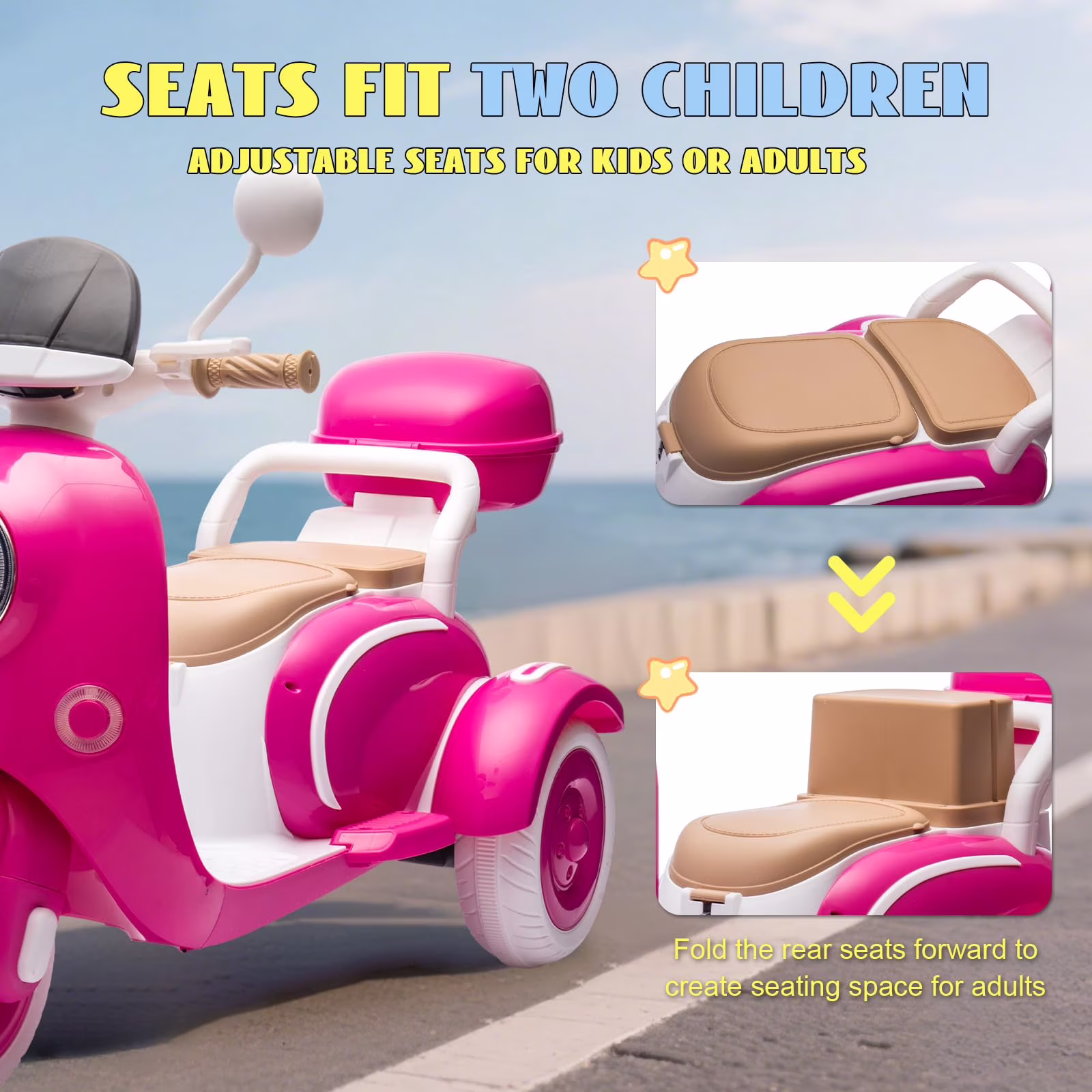 Pawverly 12V Electric Ride On Motorcycle for Kids, 3-Wheel Toddler Scooter Toy with Bluetooth, MP3 Music, LED Lights, Battery Powered Motorbike for Girls Boys Ages 3-5, Rose Red - Image 4