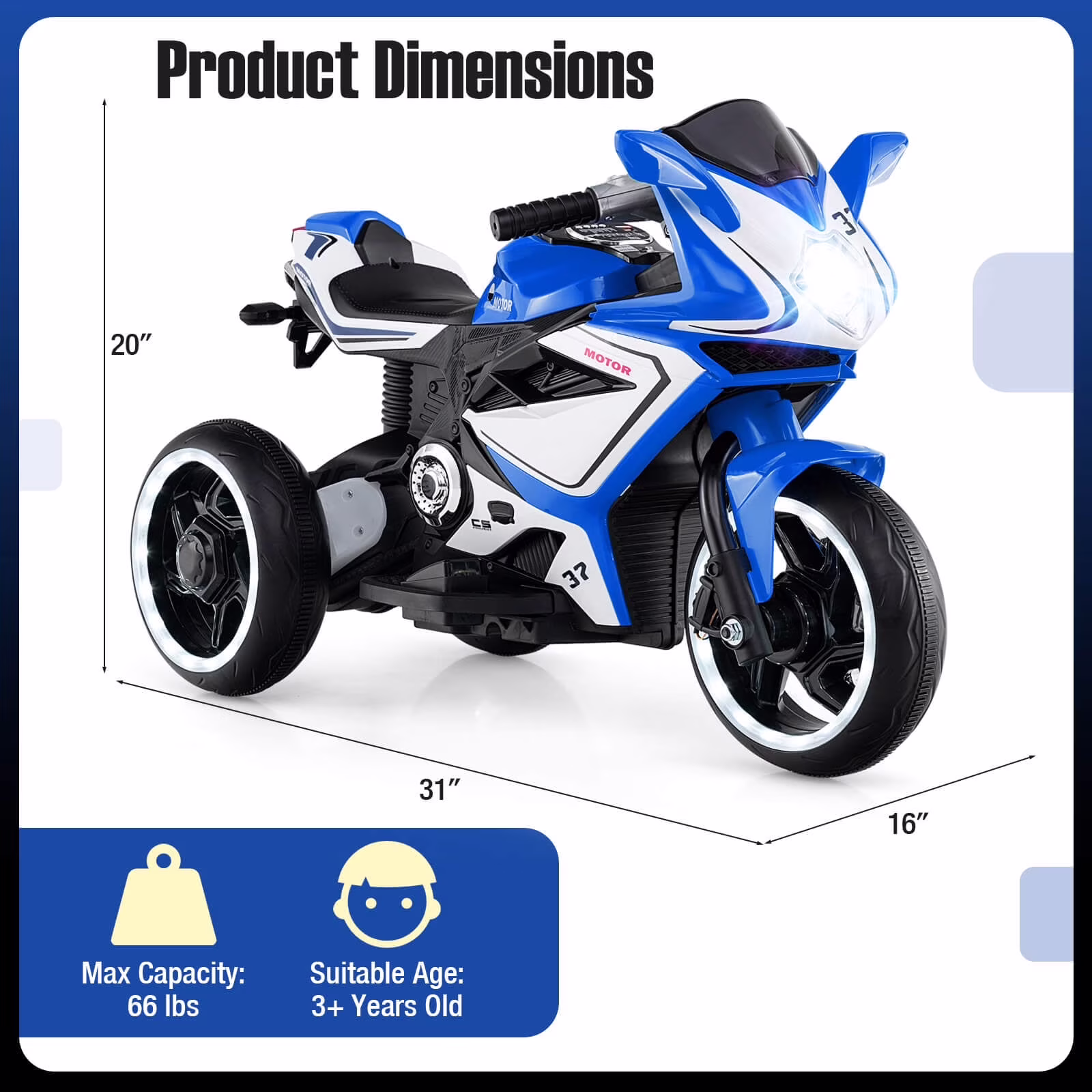 Pawverly 6V Toddler Electric Ride On Motorcycle, 3-Wheel Kids Scooter with Music, Light-Up Wheels, Foot Pedal Drive, Stable Ride On Toy for Boys & Girls Ages 3-5, Blue - Image 2