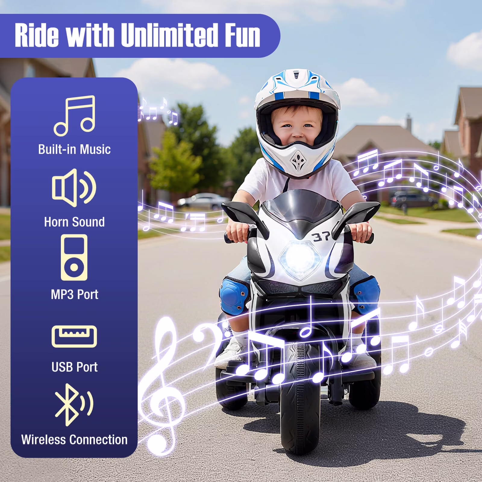 Pawverly 6V Toddler Electric Ride On Motorcycle, 3-Wheel Kids Scooter with Music, Light-Up Wheels, Foot Pedal Drive, Stable Ride On Toy for Boys & Girls Ages 3-5, Blue - Image 3