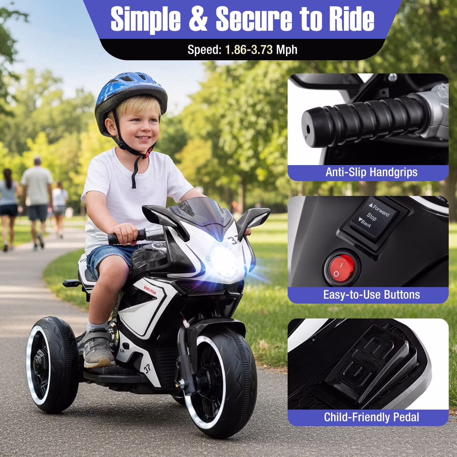 Pawverly 6V Toddler Electric Ride On Motorcycle, 3-Wheel Kids Scooter with Music, Light-Up Wheels, Foot Pedal Drive, Stable Ride On Toy for Boys & Girls Ages 3-5, Blue - Image 5