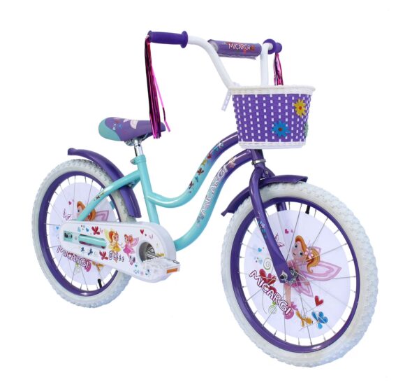 PlayWorld 20 In. Cruiser Steel Frame Bicycle Coaster Brake One Piece Crank, White Full cover Chain Guard, Purple Baskets, Fenders & Rims, White Tire Kid's Bike - Purple/Baby Blue