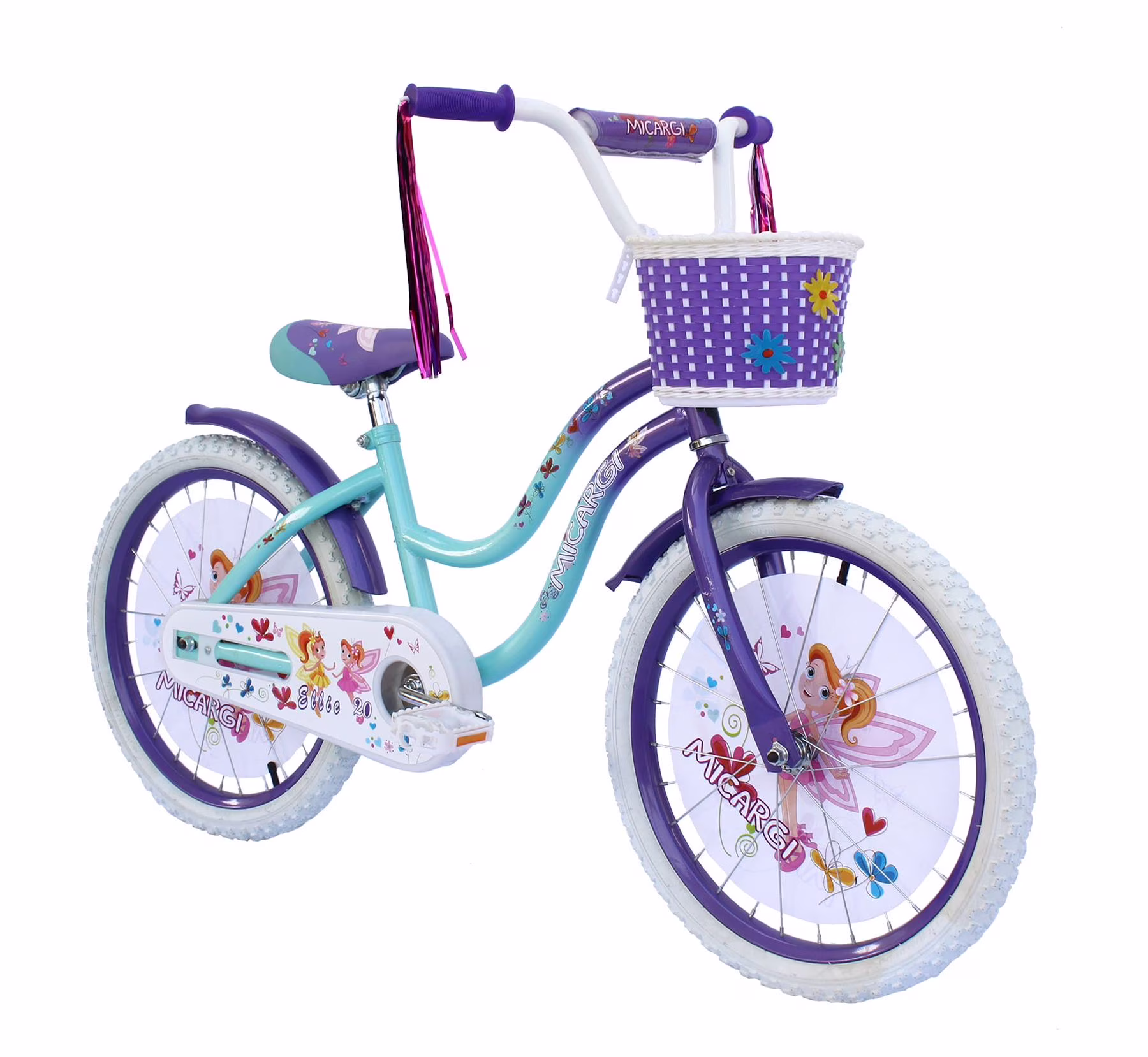USToyOutlet 20 In. Cruiser Steel Frame Bicycle Coaster Brake One Piece Crank, White Full cover Chain Guard, Purple Baskets, Fenders & Rims, White Tire Kid's Bike - Purple/Baby Blue