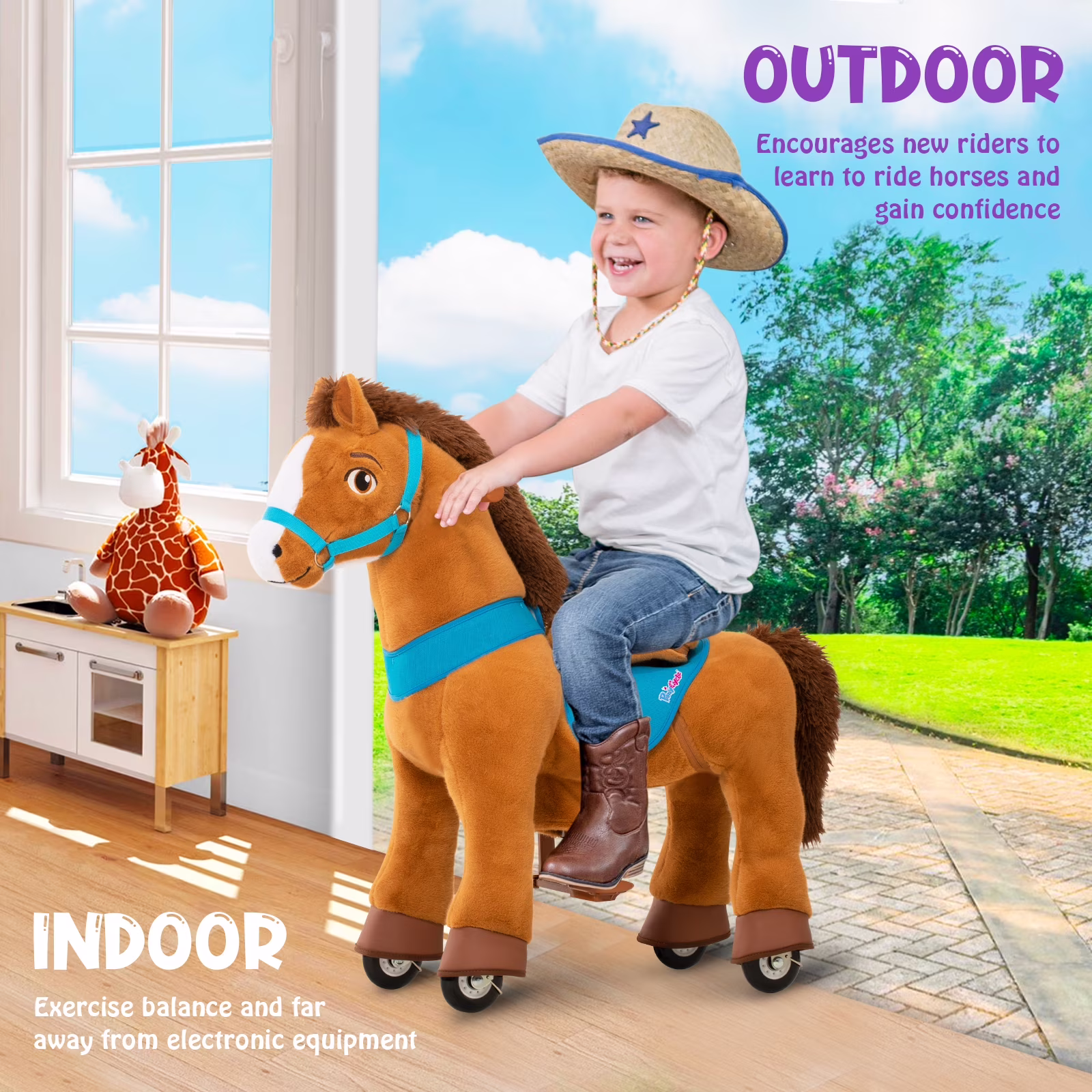 PonyCycle Kid-Powered Ride-On Horse Toy, No Battery, Hand Brake, Ages 3-4, Brown, E337 - Image 4