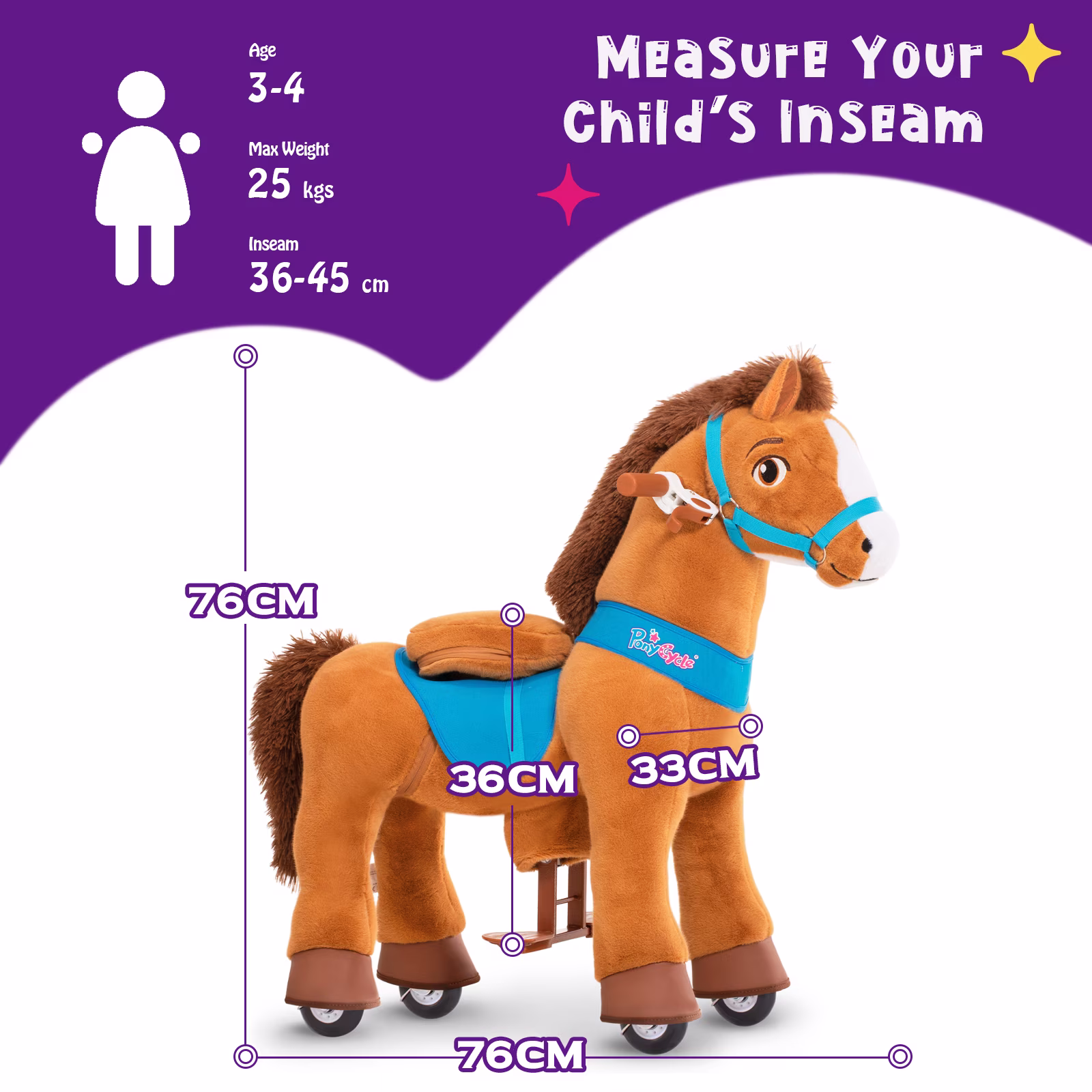 PonyCycle Kid-Powered Ride-On Horse Toy, No Battery, Hand Brake, Ages 3-4, Brown, E337 - Image 5