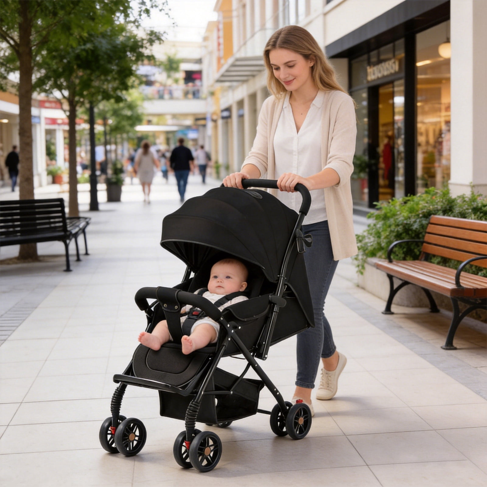 Portable Baby Stroller, Lightweight Reversible Handle Pushchair with Full Reclining Seat, Adjustable Canopy, Storage Basket & Cup Holder for Newborns and Toddlers