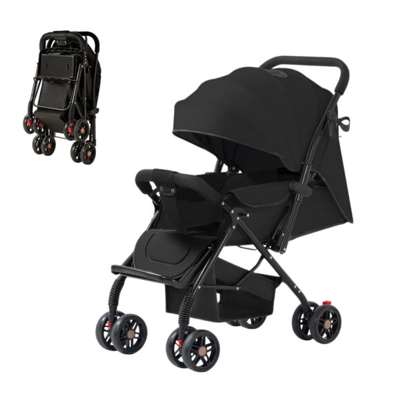 Portable Baby Stroller, Lightweight Reversible Handle Stroller with Full Reclining Seat, Adjustable Canopy, Storage Basket & Cup Holder for Newborns and Toddlers