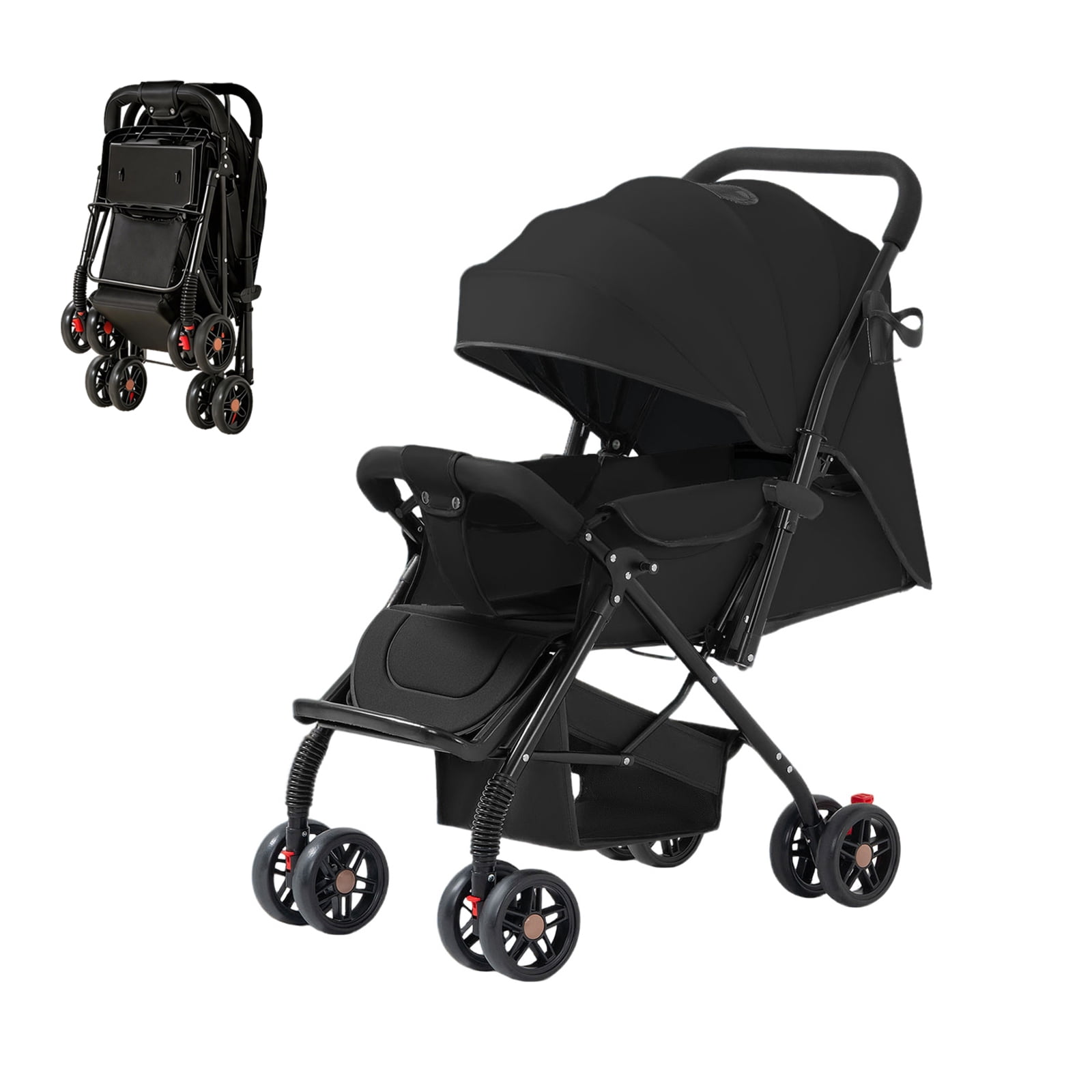 Portable Baby Stroller, Lightweight Reversible Handle Stroller with Full Reclining Seat, Adjustable Canopy, Storage Basket & Cup Holder for Newborns and Toddlers