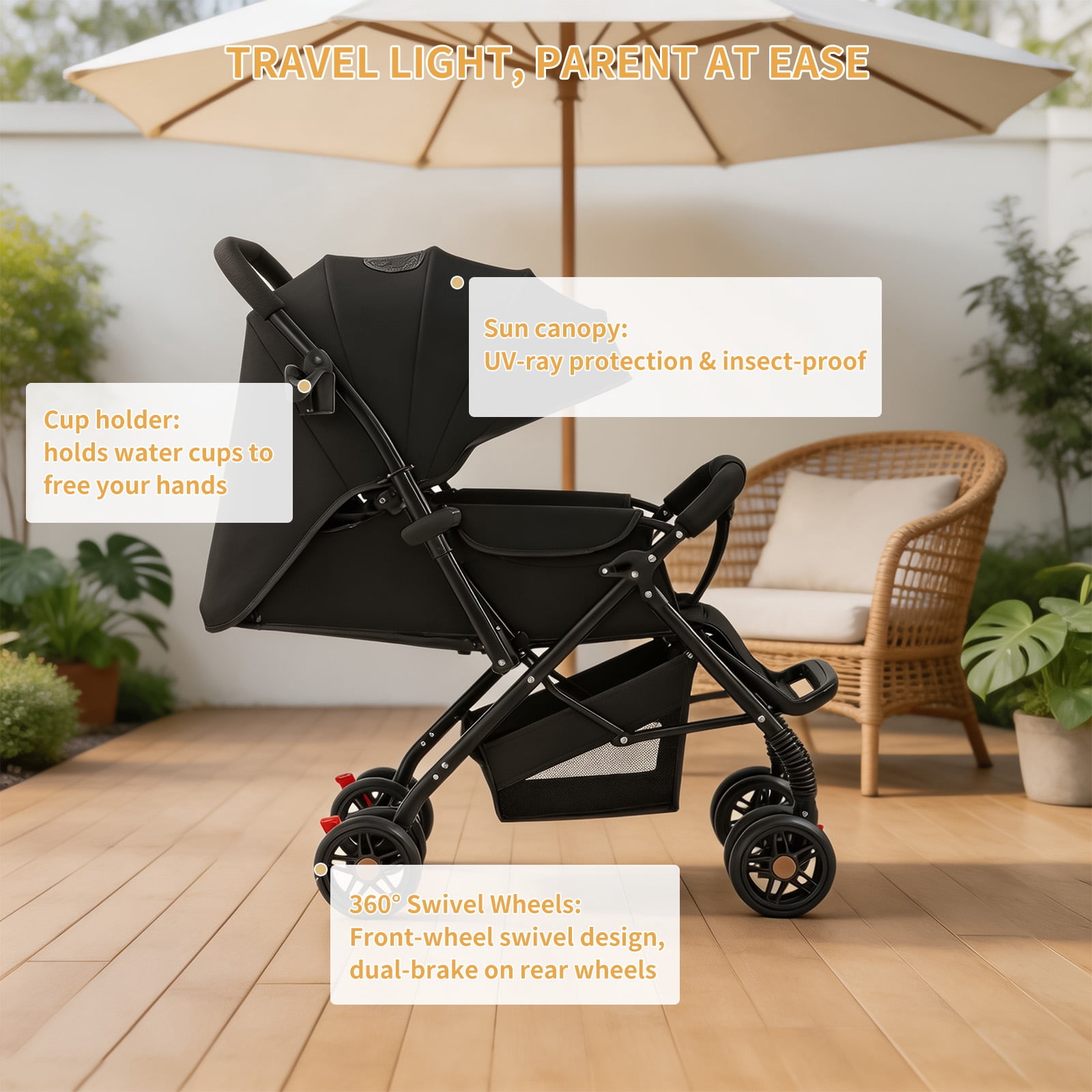 Portable Baby Stroller, Lightweight Reversible Handle Stroller with Full Reclining Seat, Adjustable Canopy, Storage Basket & Cup Holder for Newborns and Toddlers - Image 5