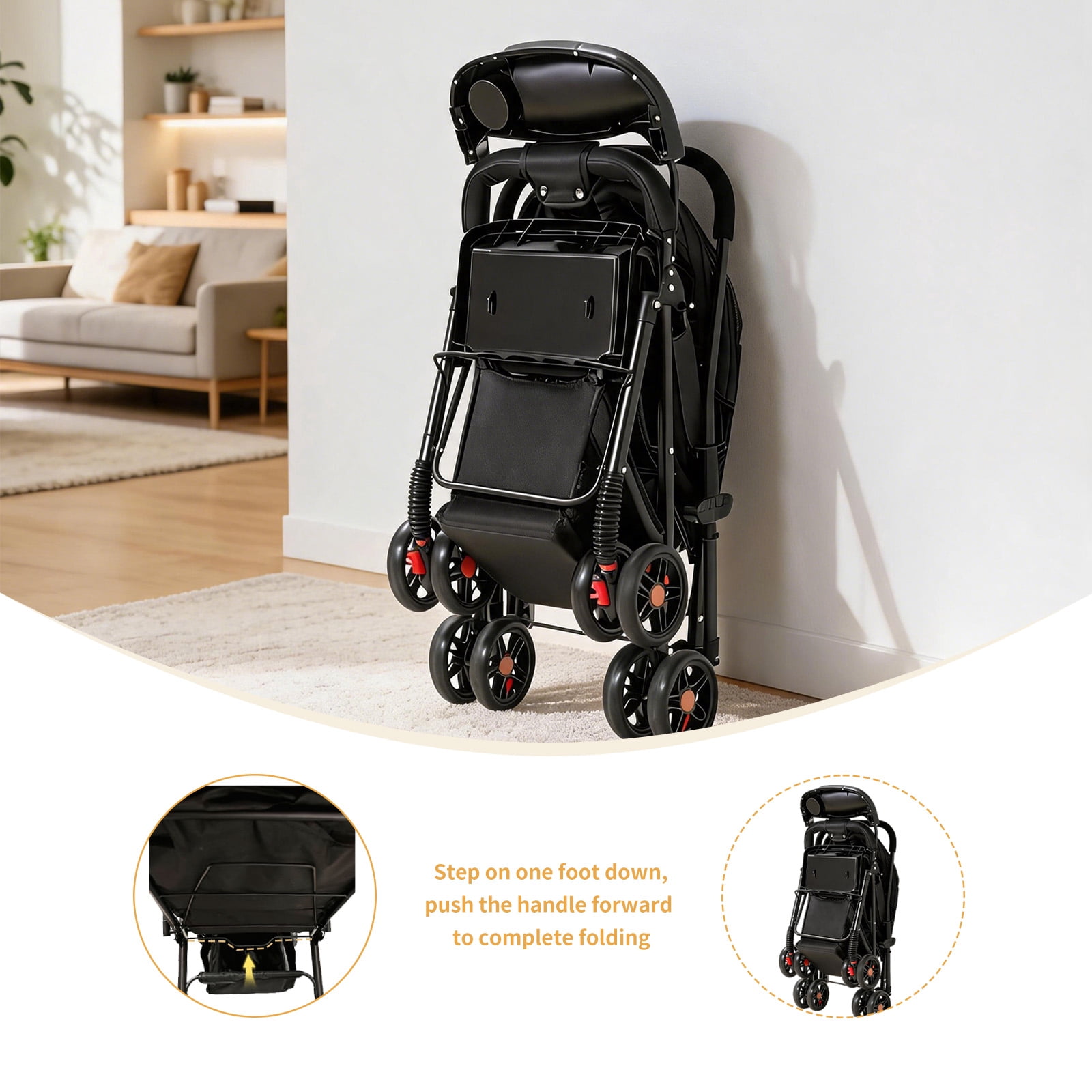 Portable Baby Stroller, Lightweight Reversible Handle Stroller with Full Reclining Seat, Adjustable Canopy, Storage Basket & Cup Holder for Newborns and Toddlers - Image 2