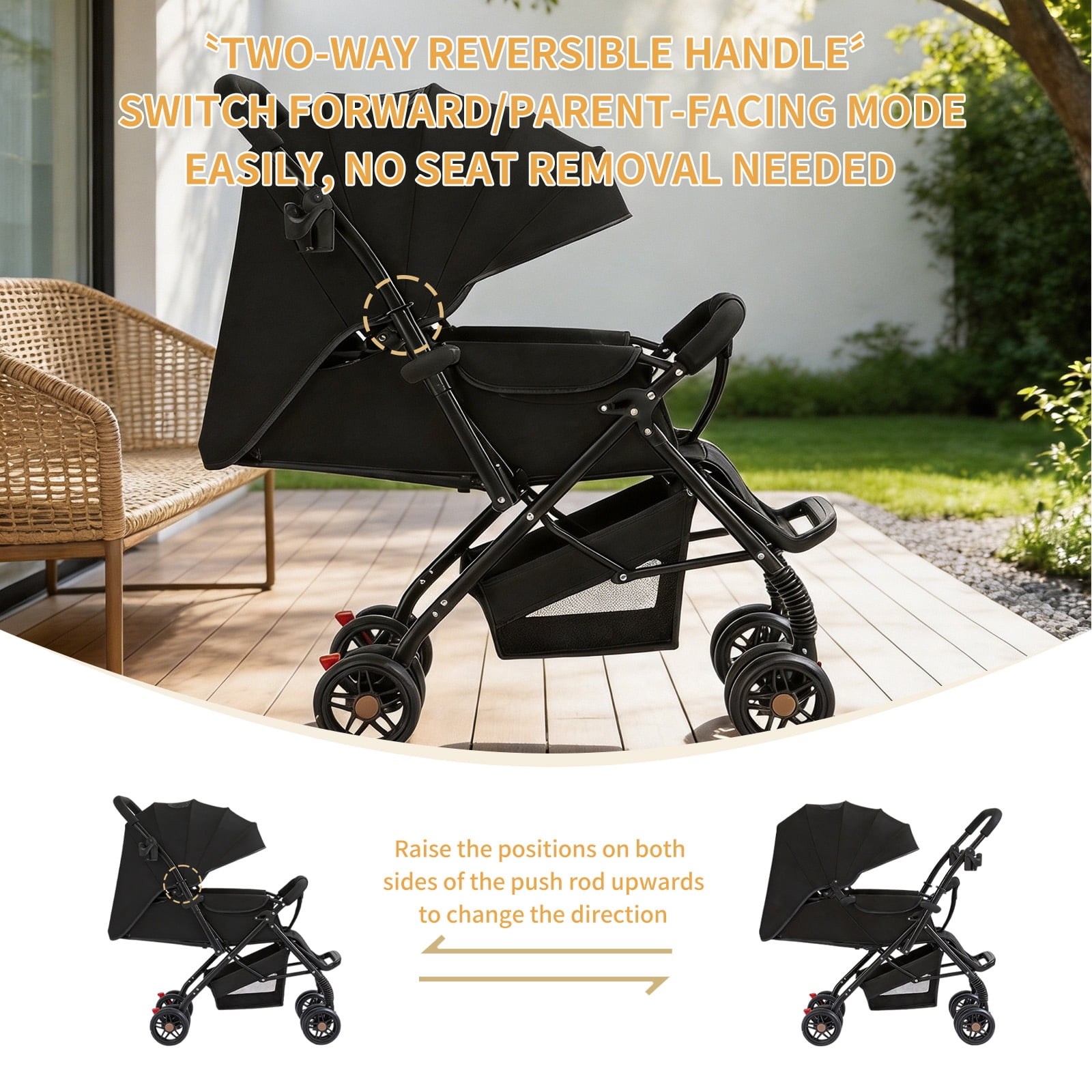 Portable Baby Stroller, Lightweight Reversible Handle Stroller with Full Reclining Seat, Adjustable Canopy, Storage Basket & Cup Holder for Newborns and Toddlers - Image 3