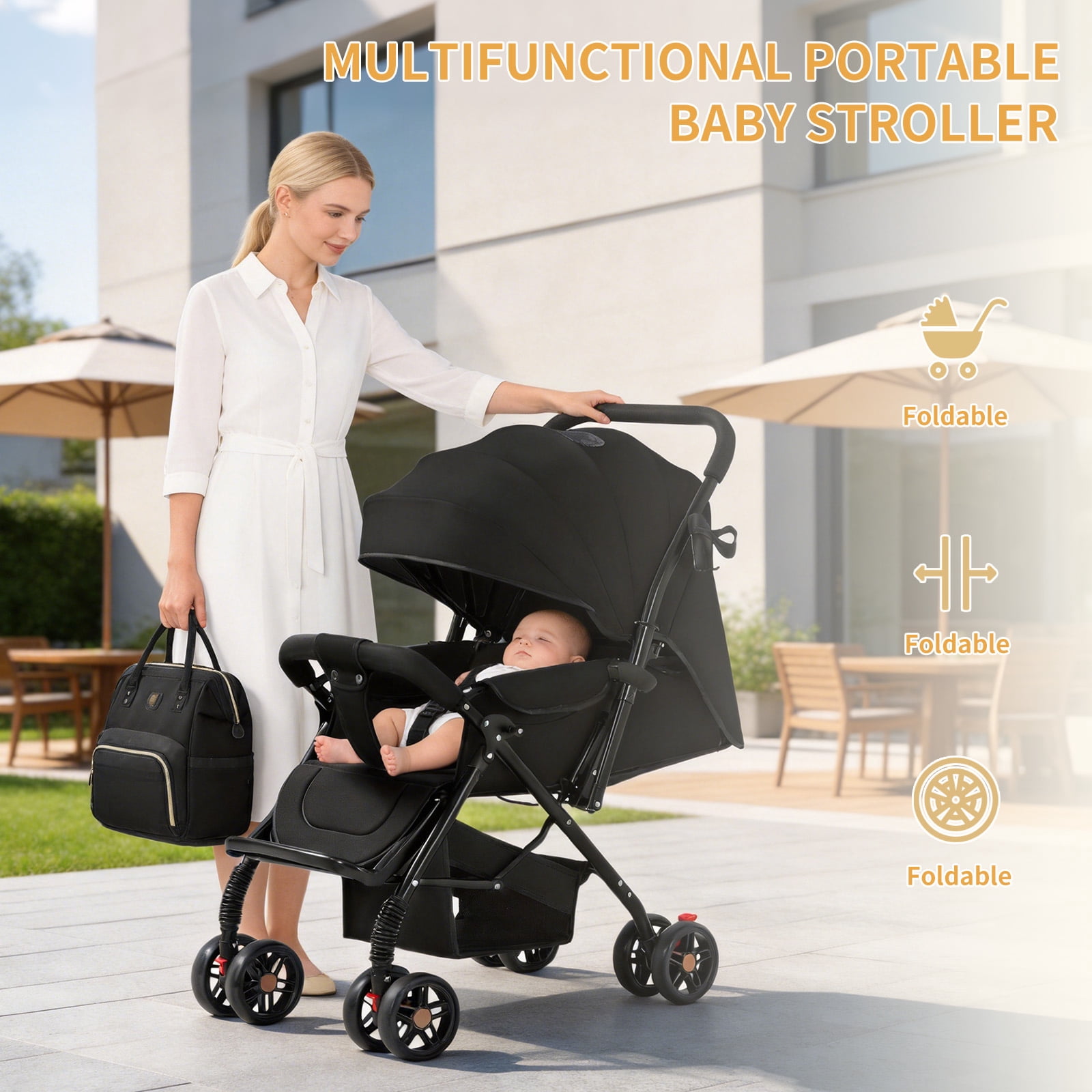 Portable Baby Stroller, Lightweight Reversible Handle Stroller with Full Reclining Seat, Adjustable Canopy, Storage Basket & Cup Holder for Newborns and Toddlers - Image 4