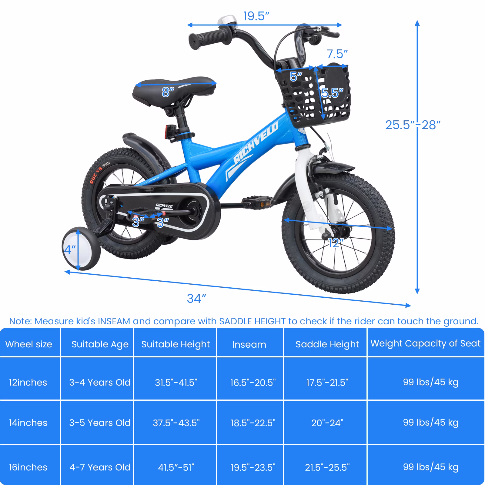 POVANLI 12'' Kid Bicycle with Training Wheels,Kid Bike with Front V-Brake &Coaster Brake/Basket For 3-4 Years Old - Image 5