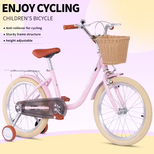 POVANLI 16'' Girls Bike for Ages 4-7, Kids Bicycle with Training Wheels & Detachable Basket, High Carbon Steel Frame Pink - Image 2