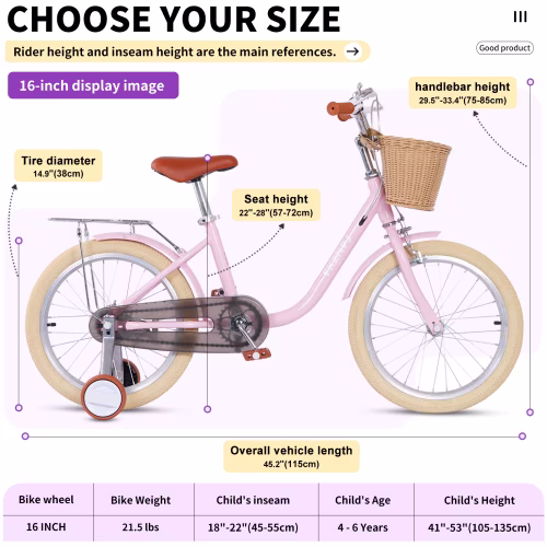 POVANLI 16'' Girls Bike for Ages 4-7, Kids Bicycle with Training Wheels & Detachable Basket, High Carbon Steel Frame Pink - Image 3