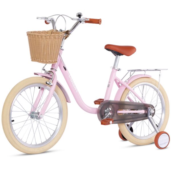 POVANLI 16'' Girls Bike for Ages 4-7, Kids Bicycle with Training Wheels & Detachable Basket, High Carbon Steel Frame Pink