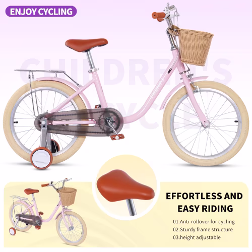 POVANLI 16'' Girls Bike for Ages 4-7, Kids Bicycle with Training Wheels & Detachable Basket, High Carbon Steel Frame Pink - Image 5