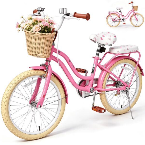 POVANLI 20" Girls Bike with Detachable Basket,Kid Bicycle for 6-8 Years Old,No Training Wheels Included Gift Pink