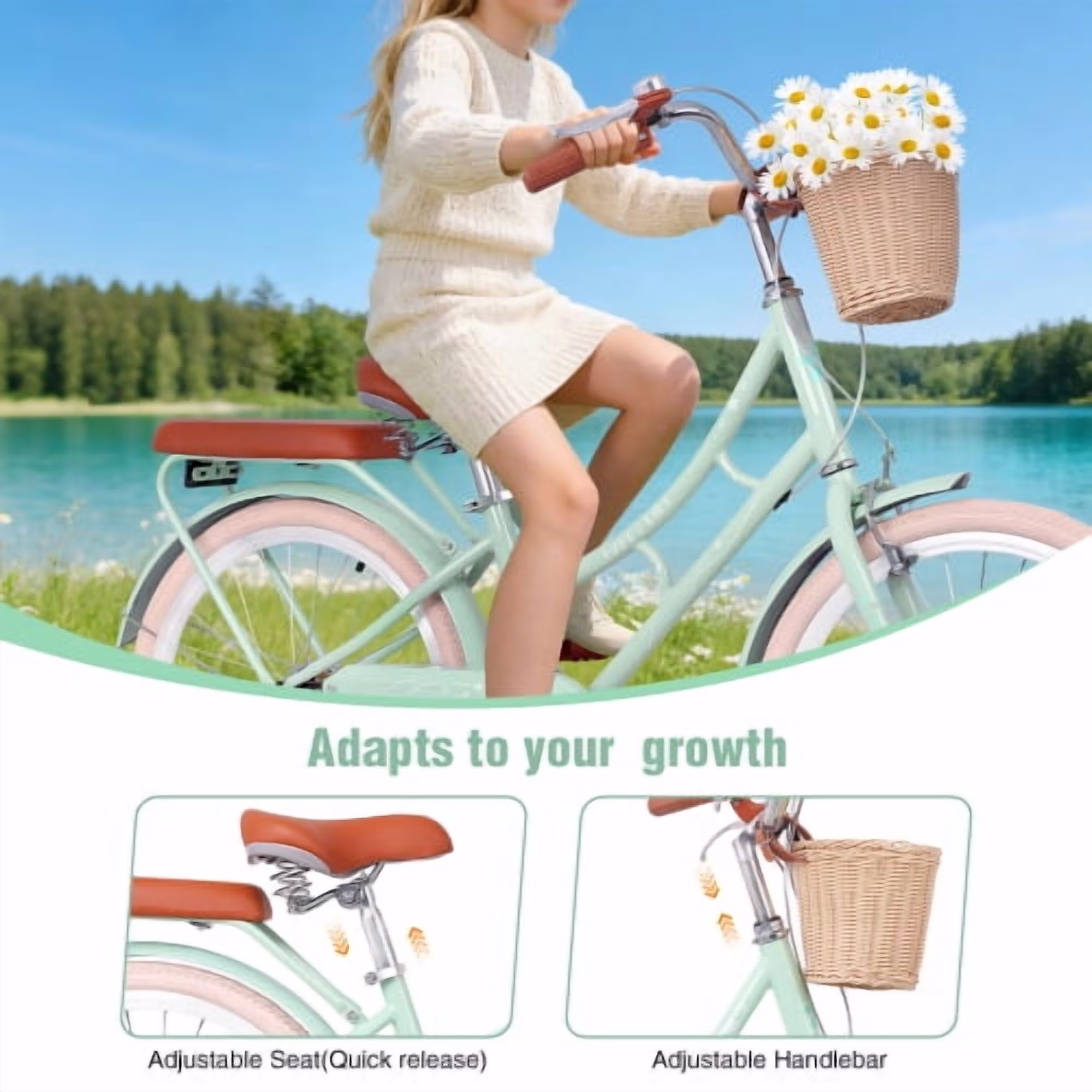 POVANLI 22" Kids Bike for 7+ Boys & Girls with Basket, Rear Seat, Chain Guard, Children's Lightweight Steel Frame Bicycle, 85% assembled for Children's Gift (Green) - Image 5