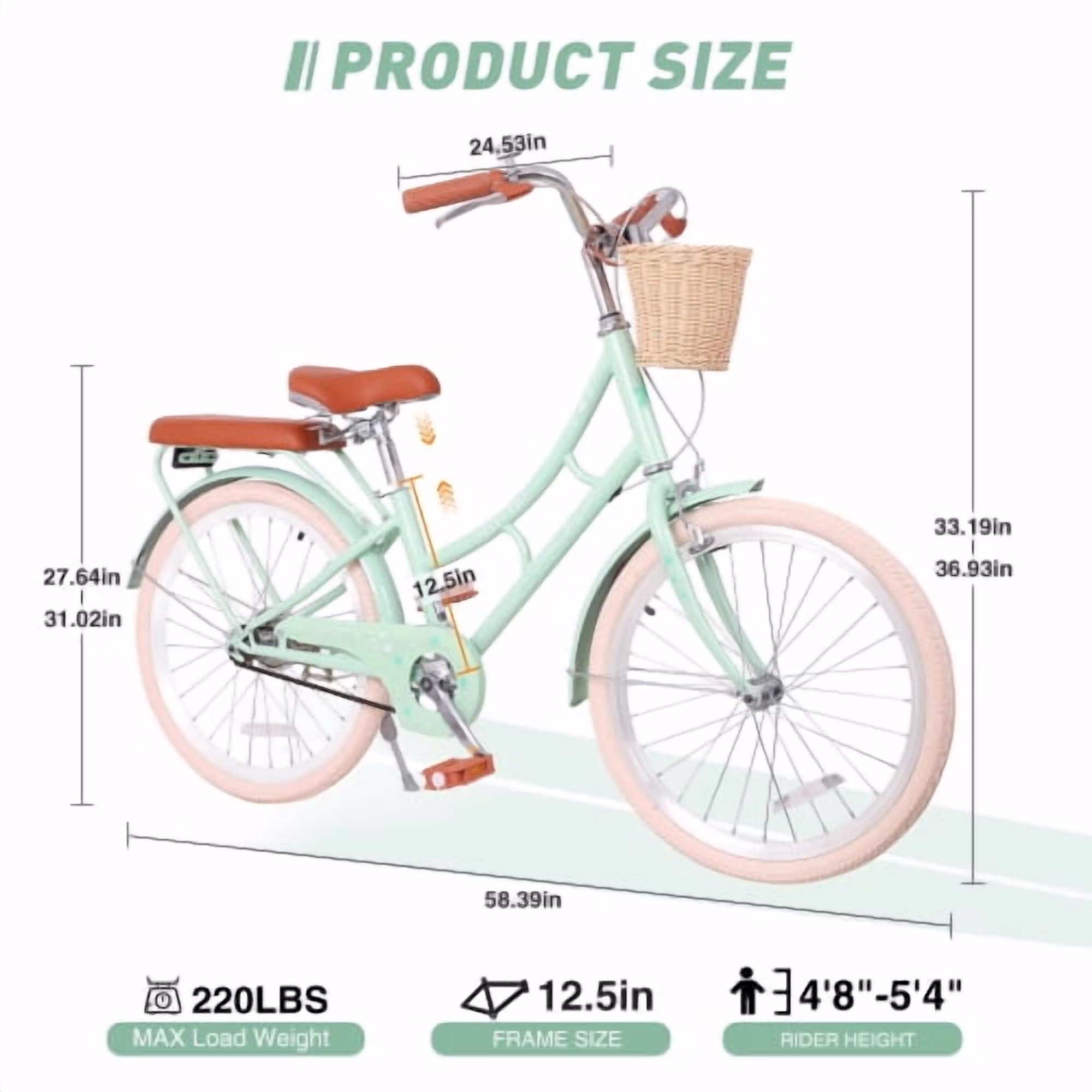 POVANLI 22" Kids Bike for 7+ Boys & Girls with Basket, Rear Seat, Chain Guard, Children's Lightweight Steel Frame Bicycle, 85% assembled for Children's Gift (Green) - Image 4