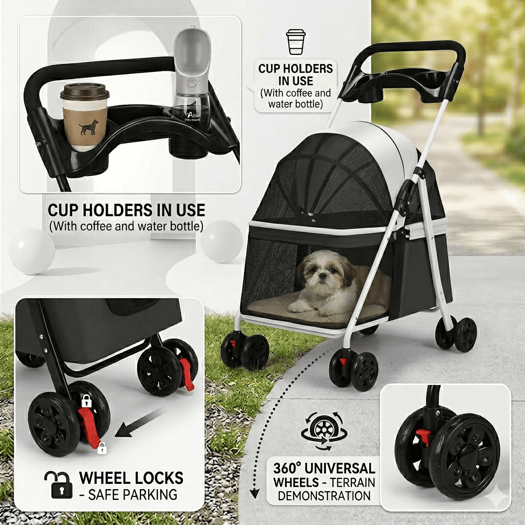 Premium Foldable Pet Stroller for Dogs & Cats – 3‑in‑1 Travel Stroller & Portable Carrier, Breathable Mesh, Safety Tether & Easy One‑Hand Fold - Image 5