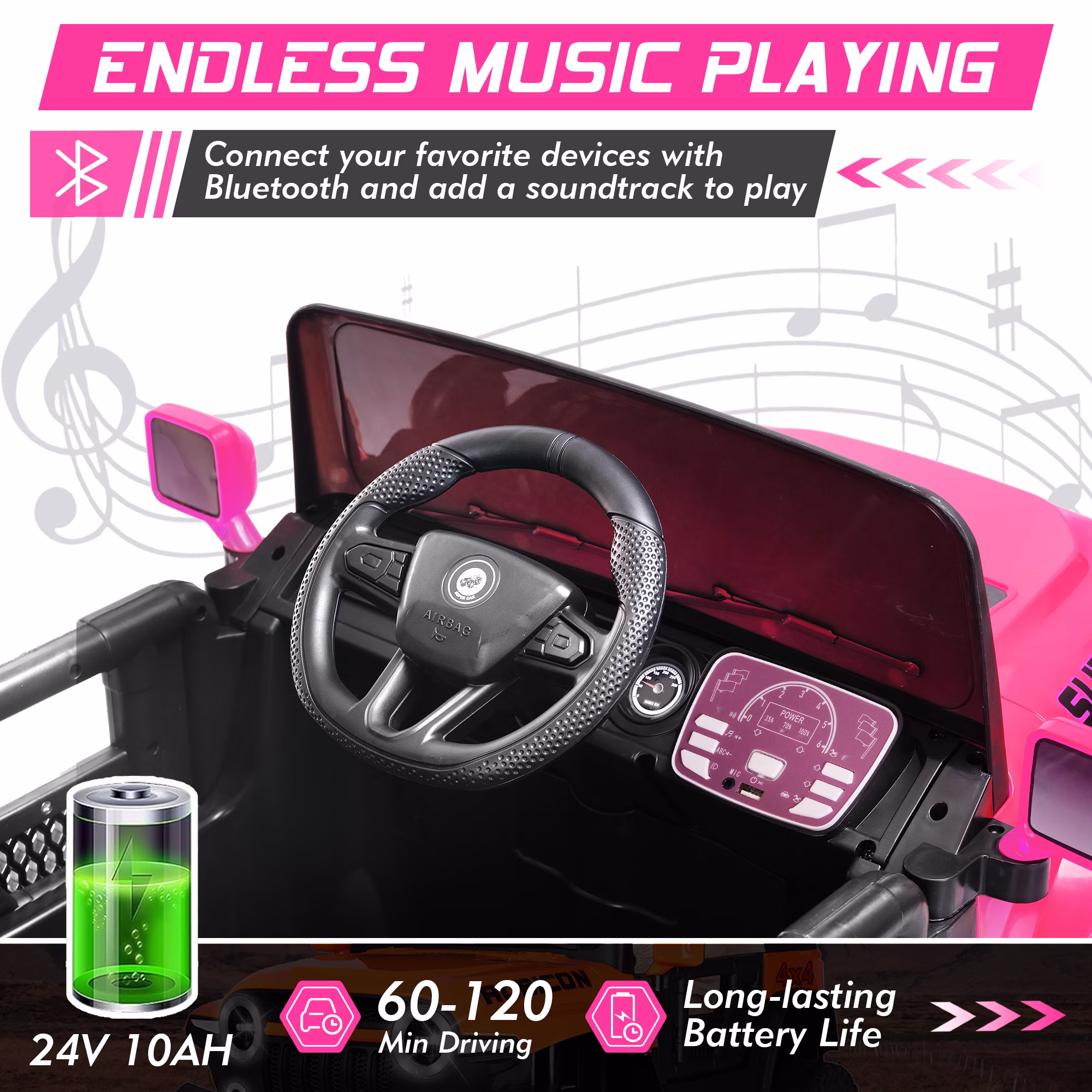 Pucloce 24V Kids Electric Ride-On Car, 2-Seater Pink Jeep with Remote Control, 3 Speeds, LED Lights, Bluetooth Music, Ideal Gift for Ages 3 - Image 4