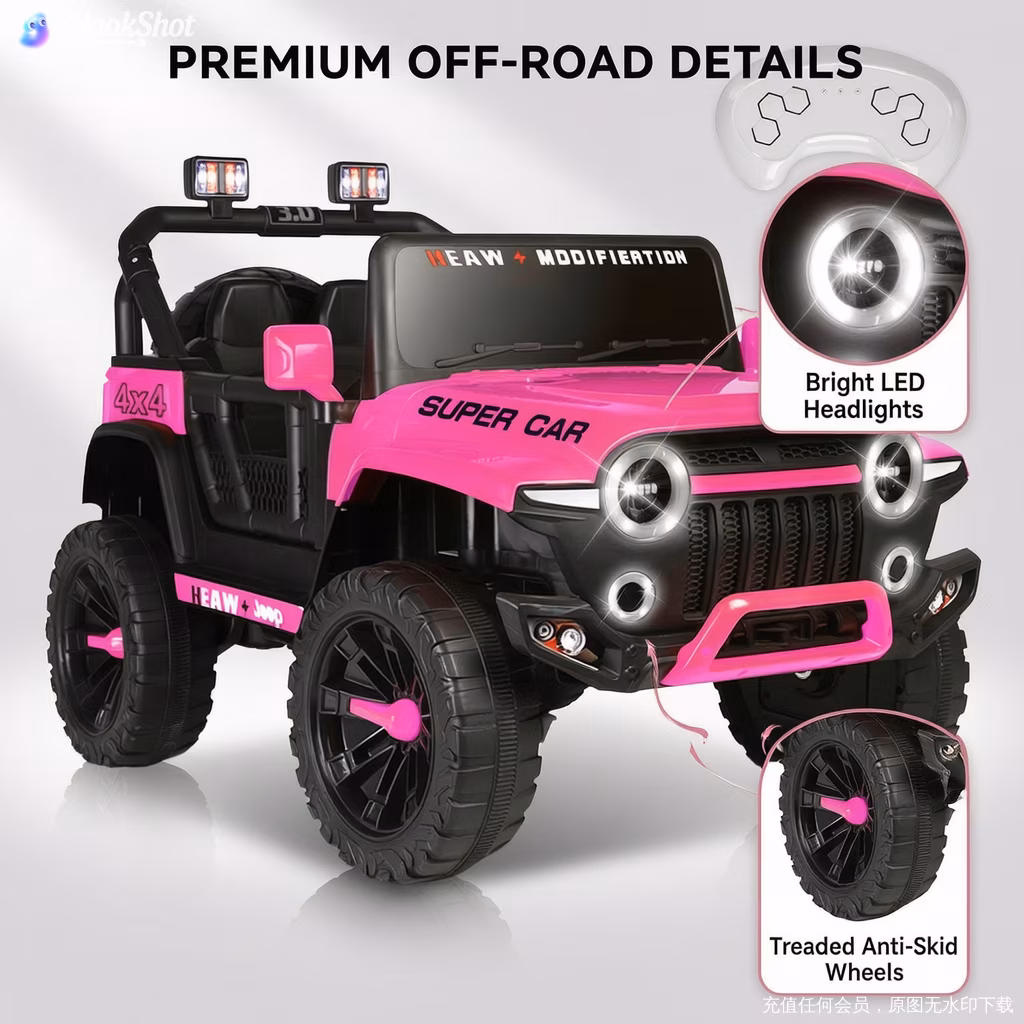Pucloce 24V Kids Electric Ride-On Car, 2-Seater Pink Jeep with Remote Control, 3 Speeds, LED Lights, Bluetooth Music, Ideal Gift for Ages 3 - Image 5