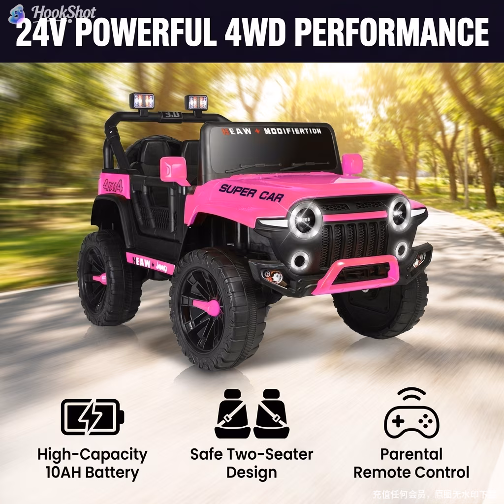 Pucloce 24V Kids Electric Ride-On Car, 2-Seater Pink Jeep with Remote Control, 3 Speeds, LED Lights, Bluetooth Music, Ideal Gift for Ages 3 - Image 2