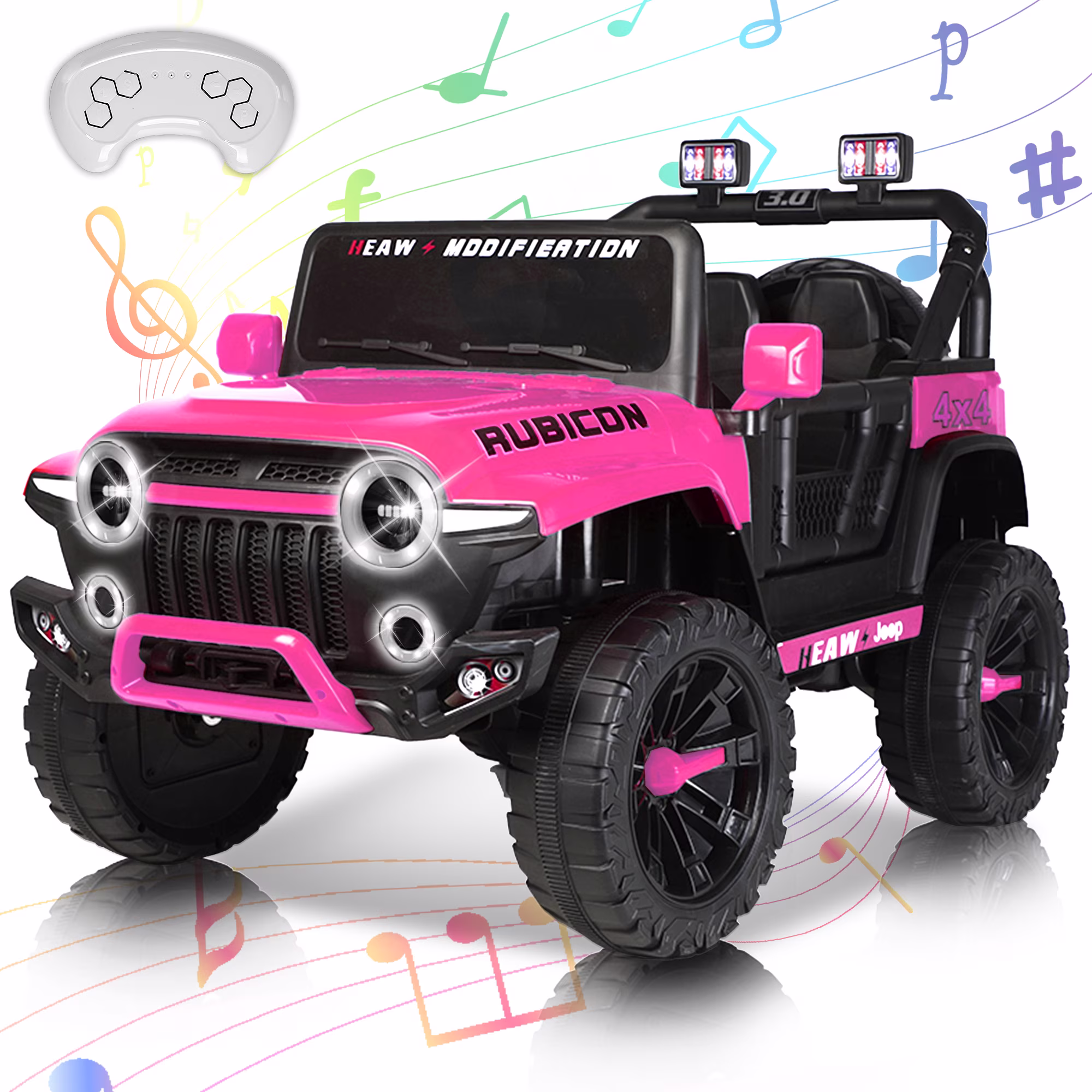Pucloce 24V Kids Electric Ride-On Car, 2-Seater Pink Jeep with Remote Control, 3 Speeds, LED Lights, Bluetooth Music, Ideal Gift for Ages 3