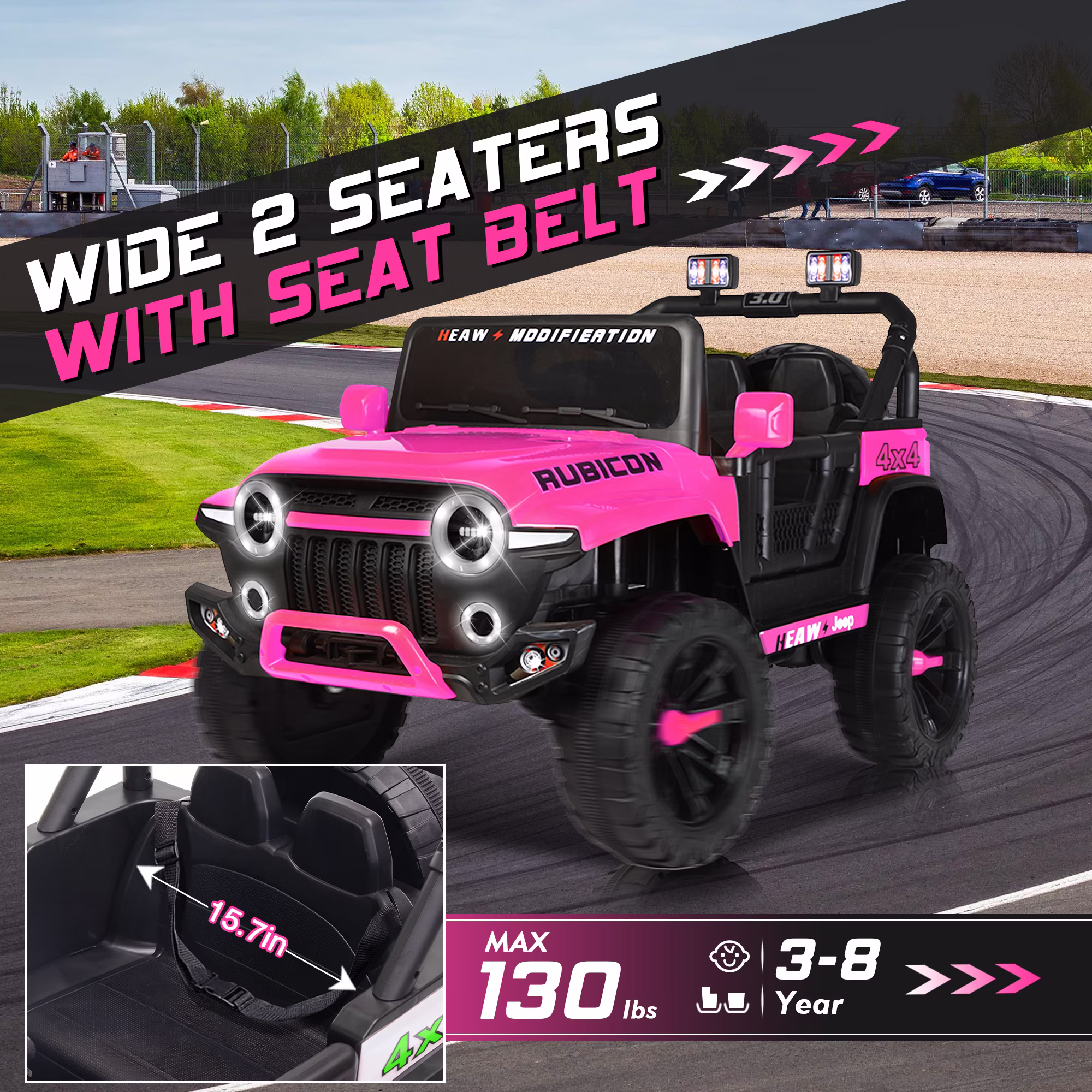 Pucloce 24V Kids Electric Ride-On Car, 2-Seater Pink Jeep with Remote Control, 3 Speeds, LED Lights, Bluetooth Music, Ideal Gift for Ages 3 - Image 3