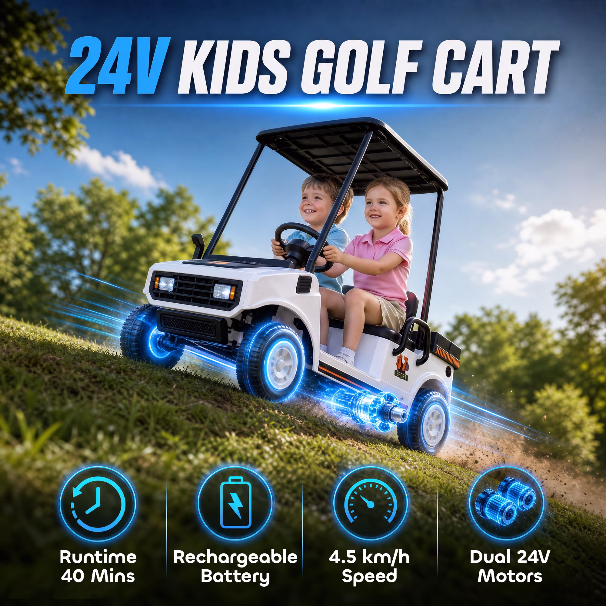 Qaba 24V Kids Golf Cart, 2WD 2-Seater Electric Ride On Car with Remote, Soft Start, Rear Suspension, Sunshade, Storage, Gift for 3-6 Years, White - Image 2