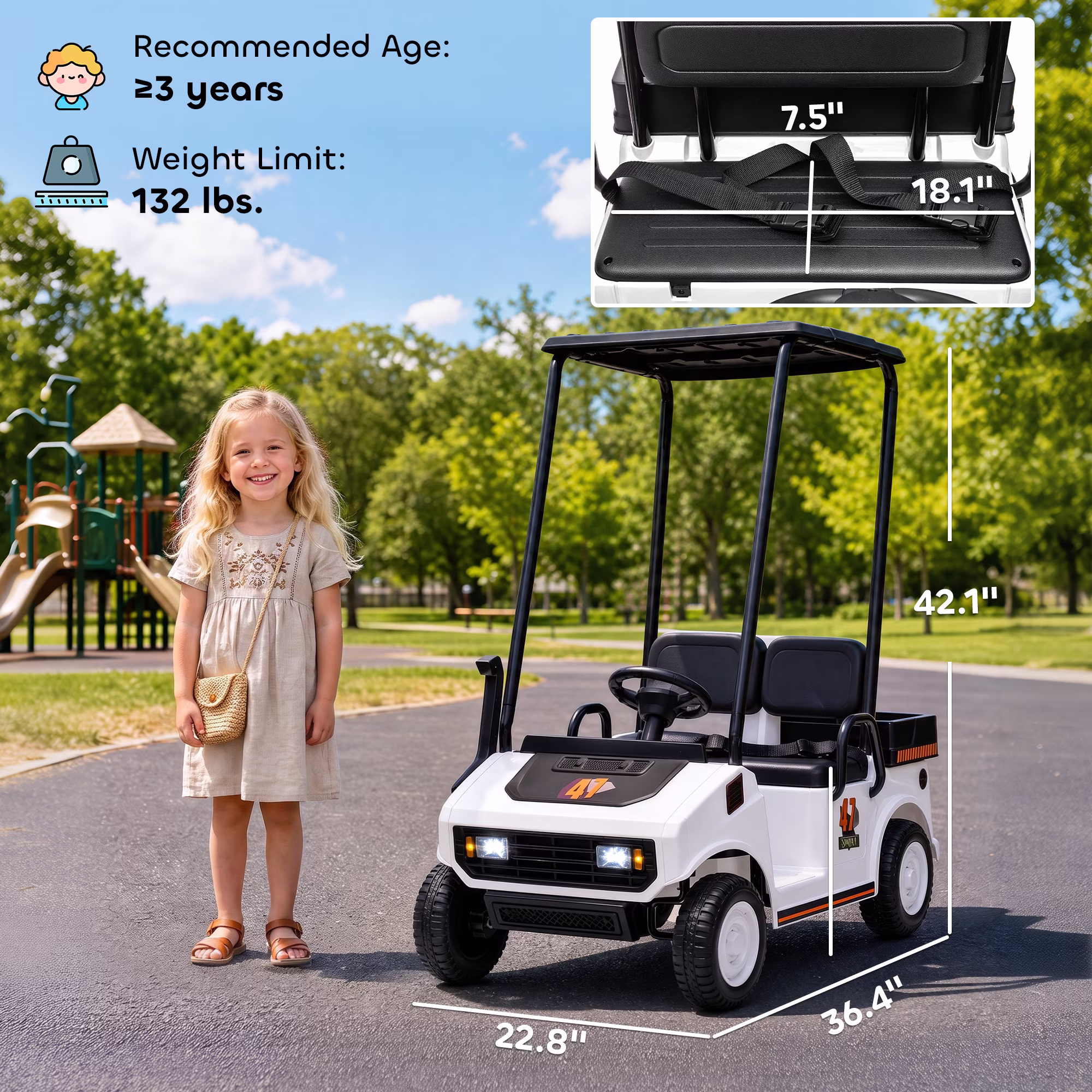 Qaba 24V Kids Golf Cart, 2WD 2-Seater Electric Ride On Car with Remote, Soft Start, Rear Suspension, Sunshade, Storage, Gift for 3-6 Years, White - Image 3